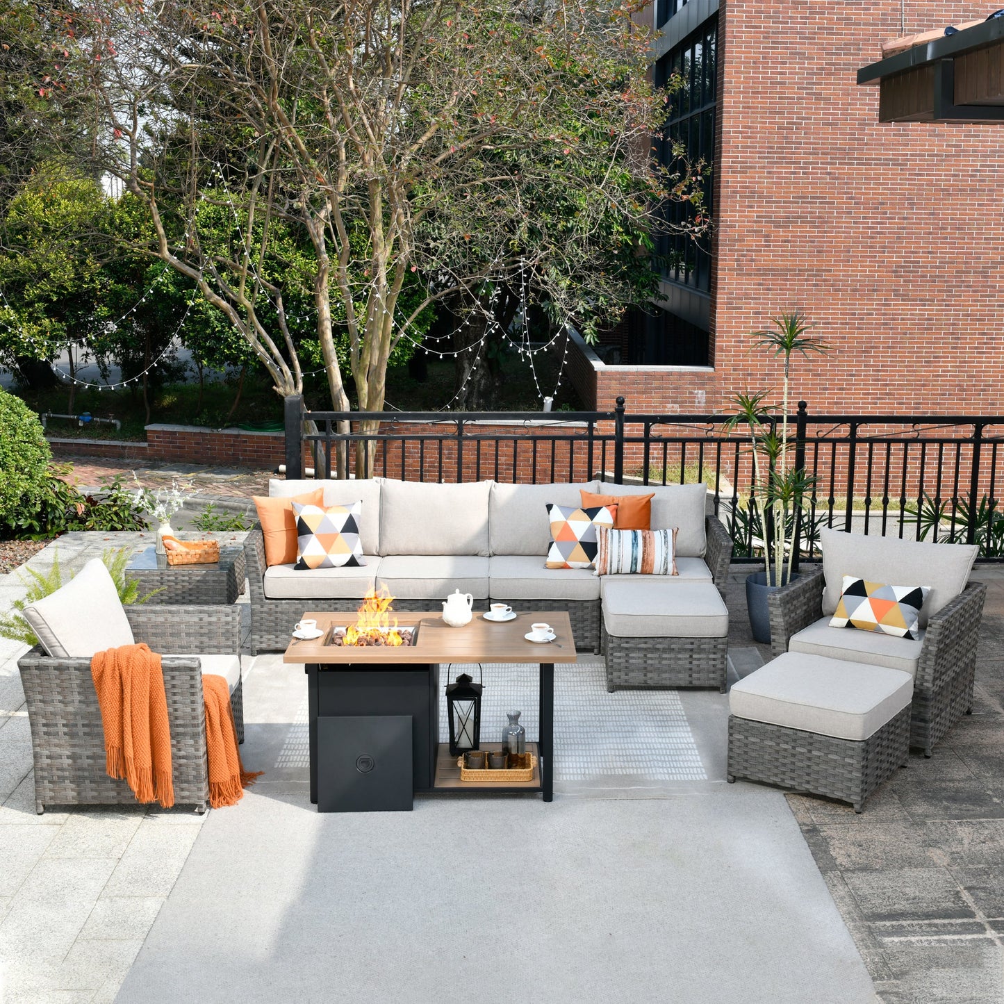 OVIOS Patio Furniture Set 10-Piece include 42"Rectangle Fire Pit Table, Partially Assembled,BRS Series