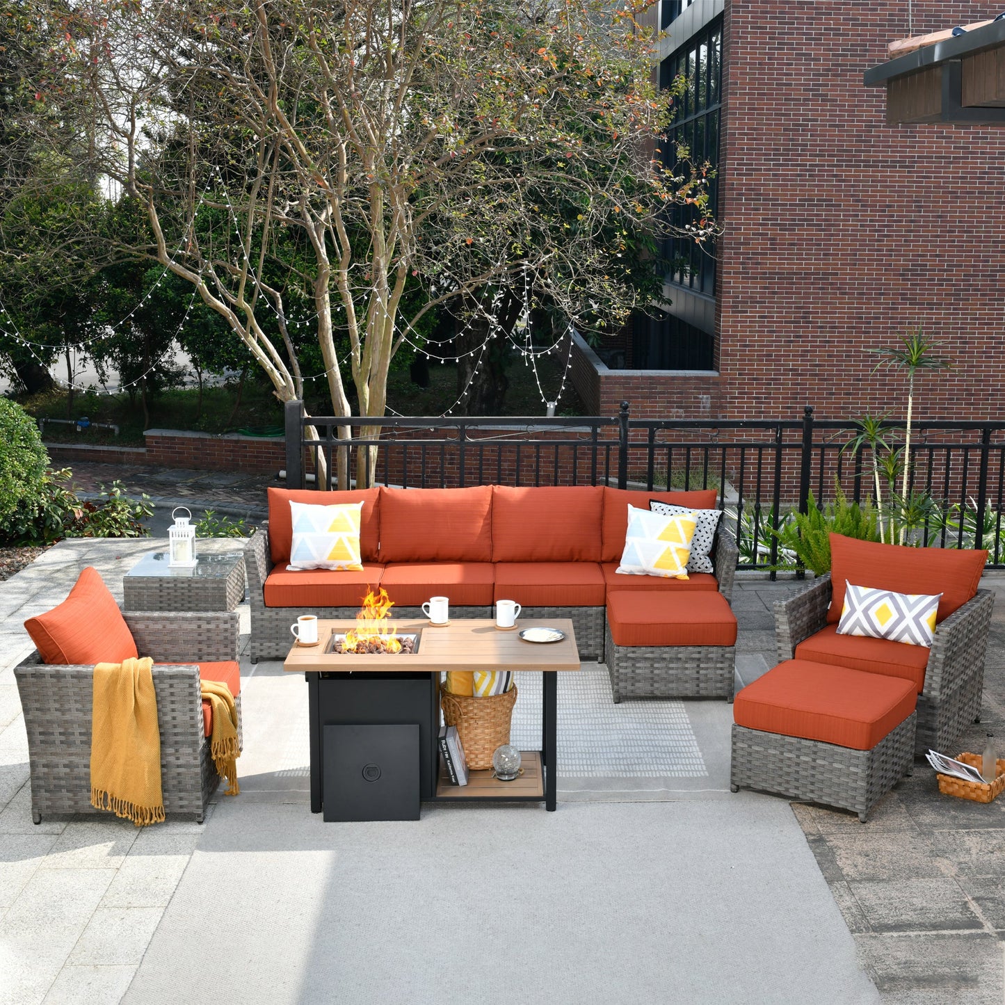 OVIOS Patio Furniture Set 10-Piece include 42"Rectangle Fire Pit Table, Partially Assembled,BRS Series