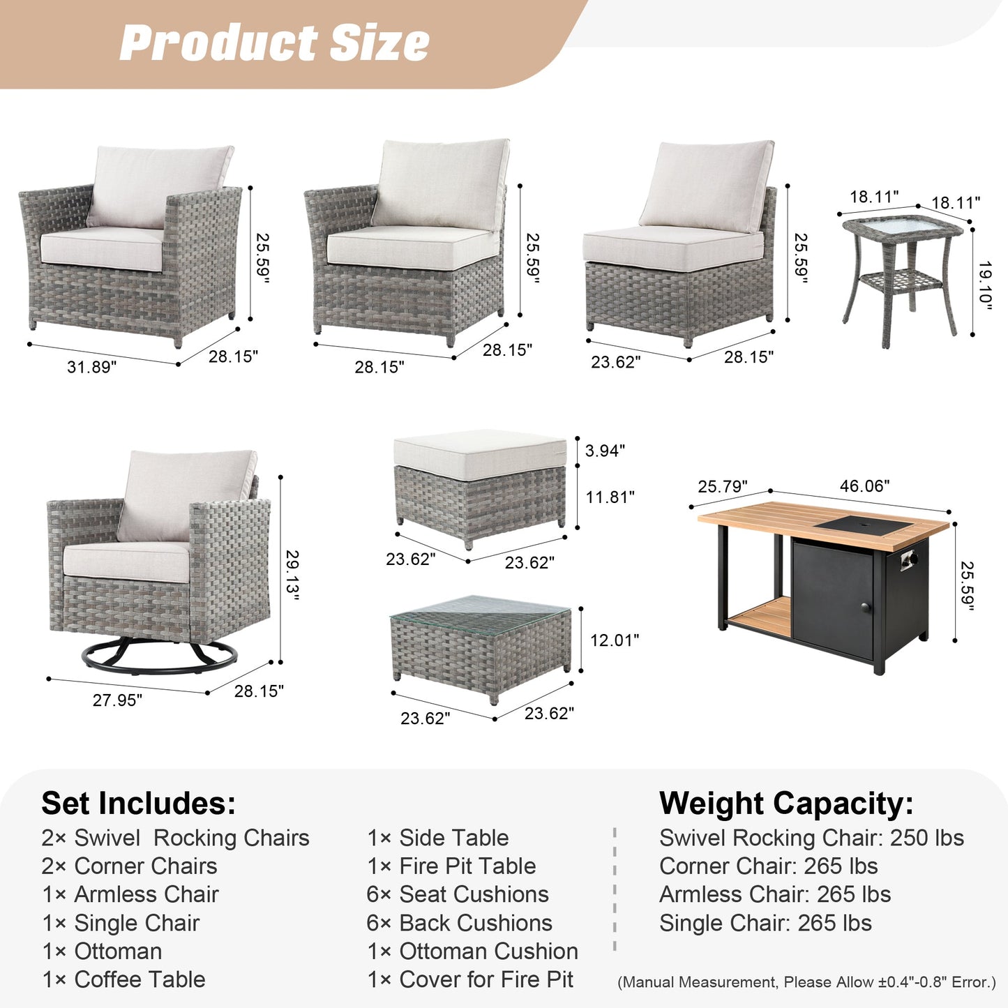 OVIOS Patio Furniture Set 10-Piece include 42"Rectangle Fire Pit Table&Swivel Chairs, Partially Assembled,BRS Series