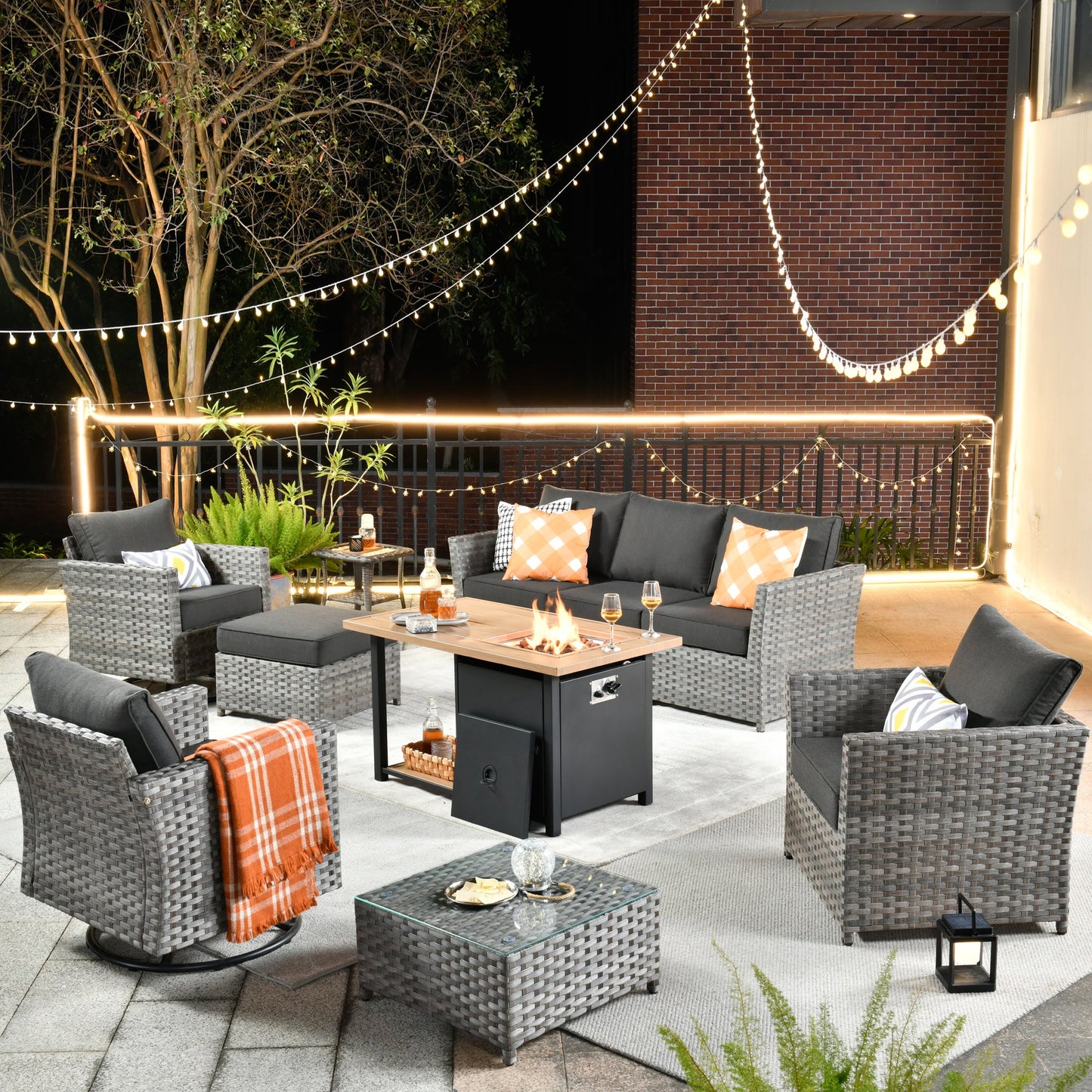 OVIOS Patio Furniture Set 10-Piece include 42"Rectangle Fire Pit Table&Swivel Chairs, Partially Assembled,BRS Series