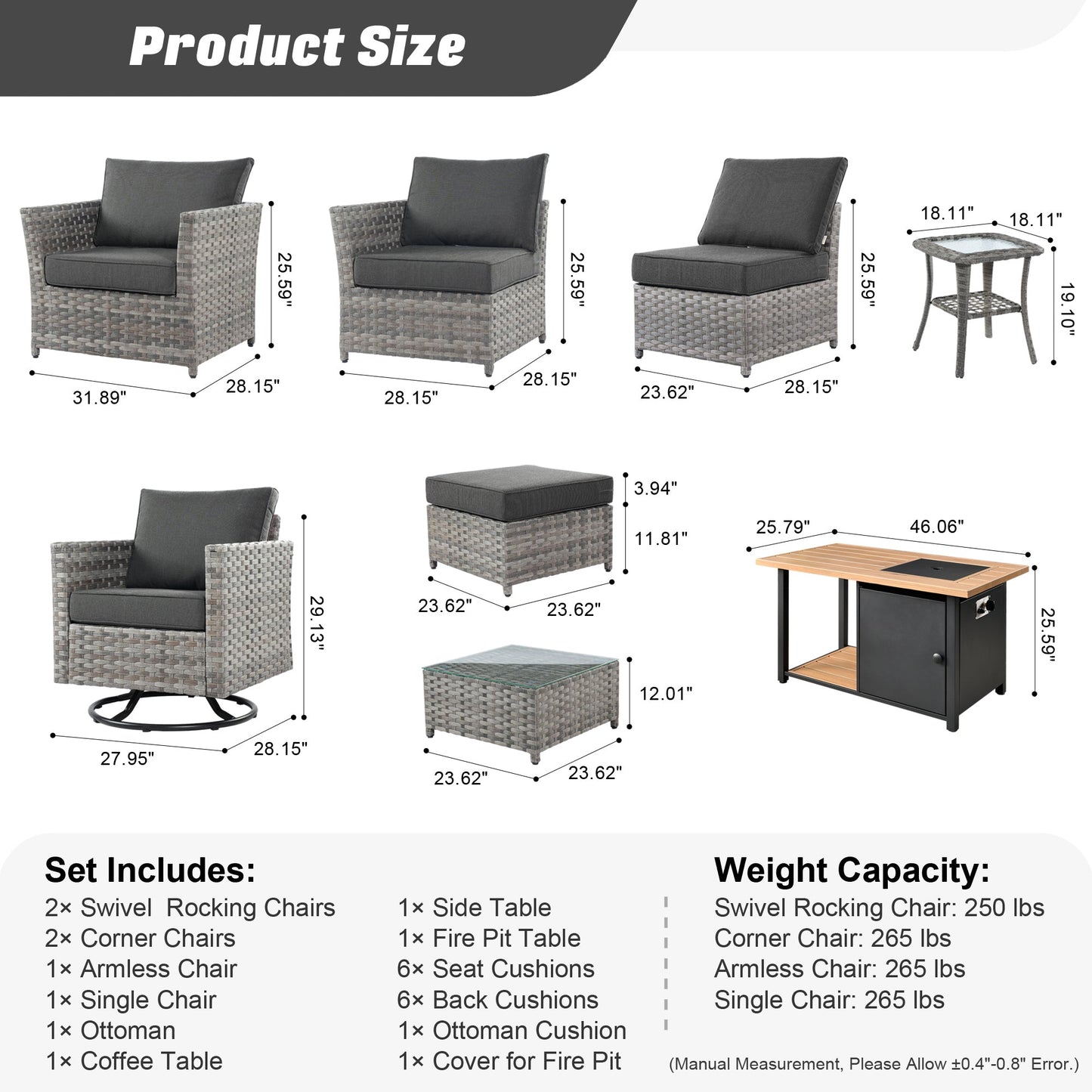 OVIOS Patio Furniture Set 10-Piece include 42"Rectangle Fire Pit Table&Swivel Chairs, Partially Assembled,BRS Series