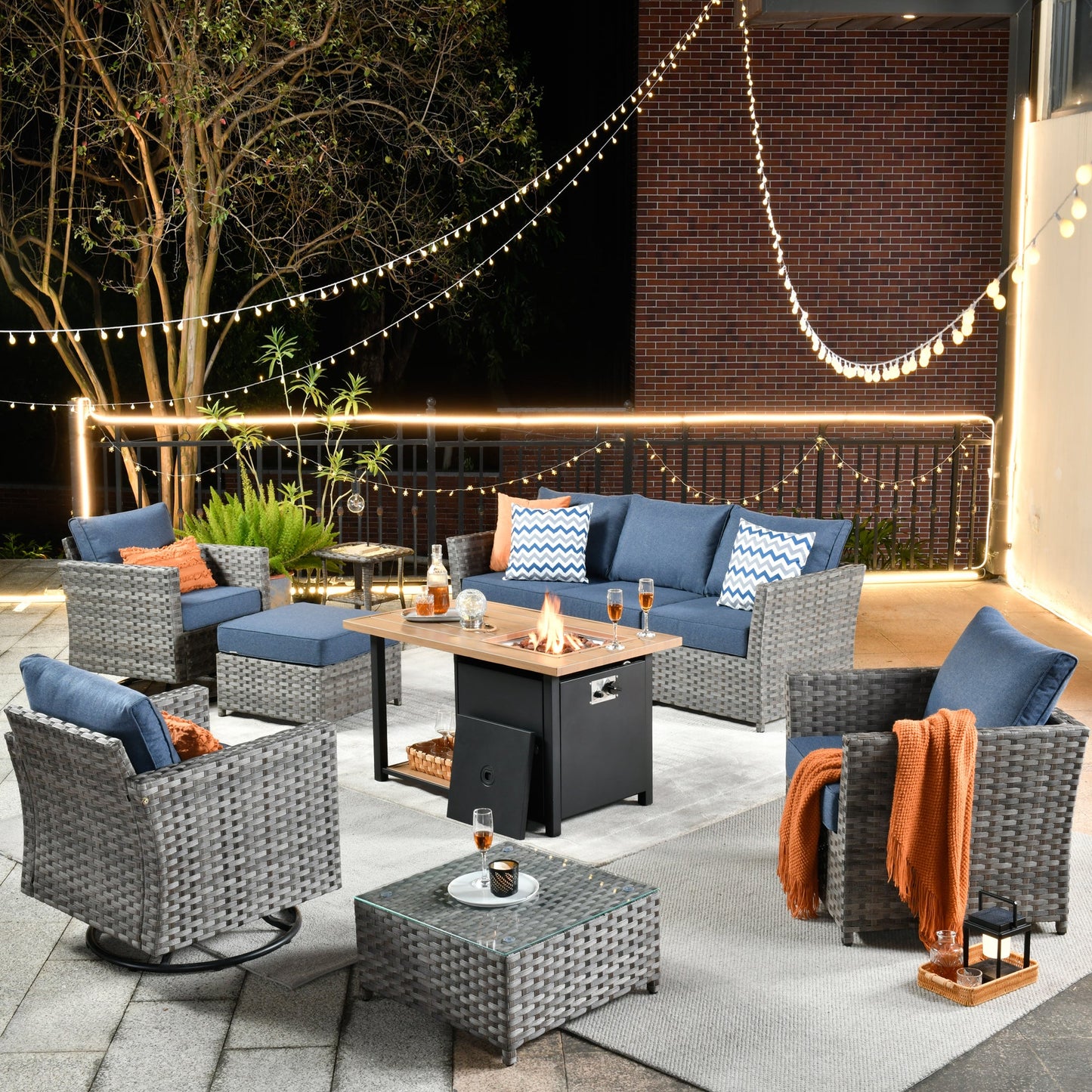 OVIOS Patio Furniture Set 10-Piece include 42"Rectangle Fire Pit Table&Swivel Chairs, Partially Assembled,BRS Series