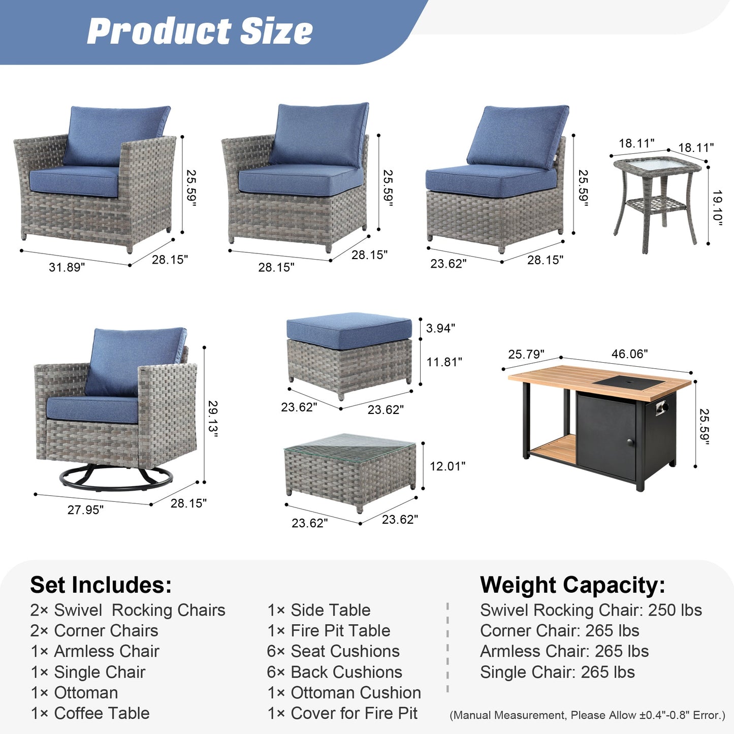 OVIOS Patio Furniture Set 10-Piece include 42"Rectangle Fire Pit Table&Swivel Chairs, Partially Assembled,BRS Series