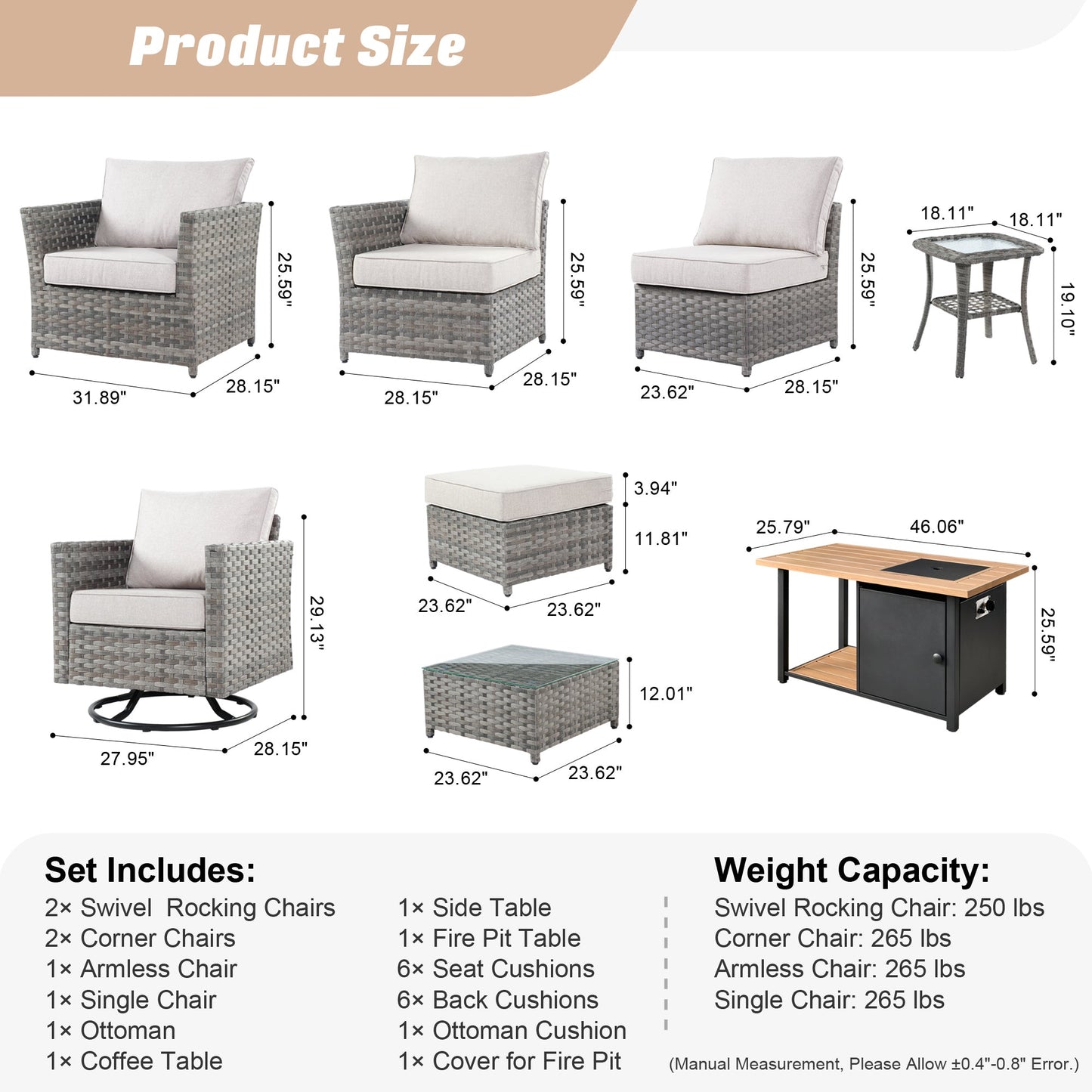 OVIOS Patio Furniture Set 10-Piece include 42"Rectangle Fire Pit Table&Swivel Chairs, Partially Assembled,BRS Series