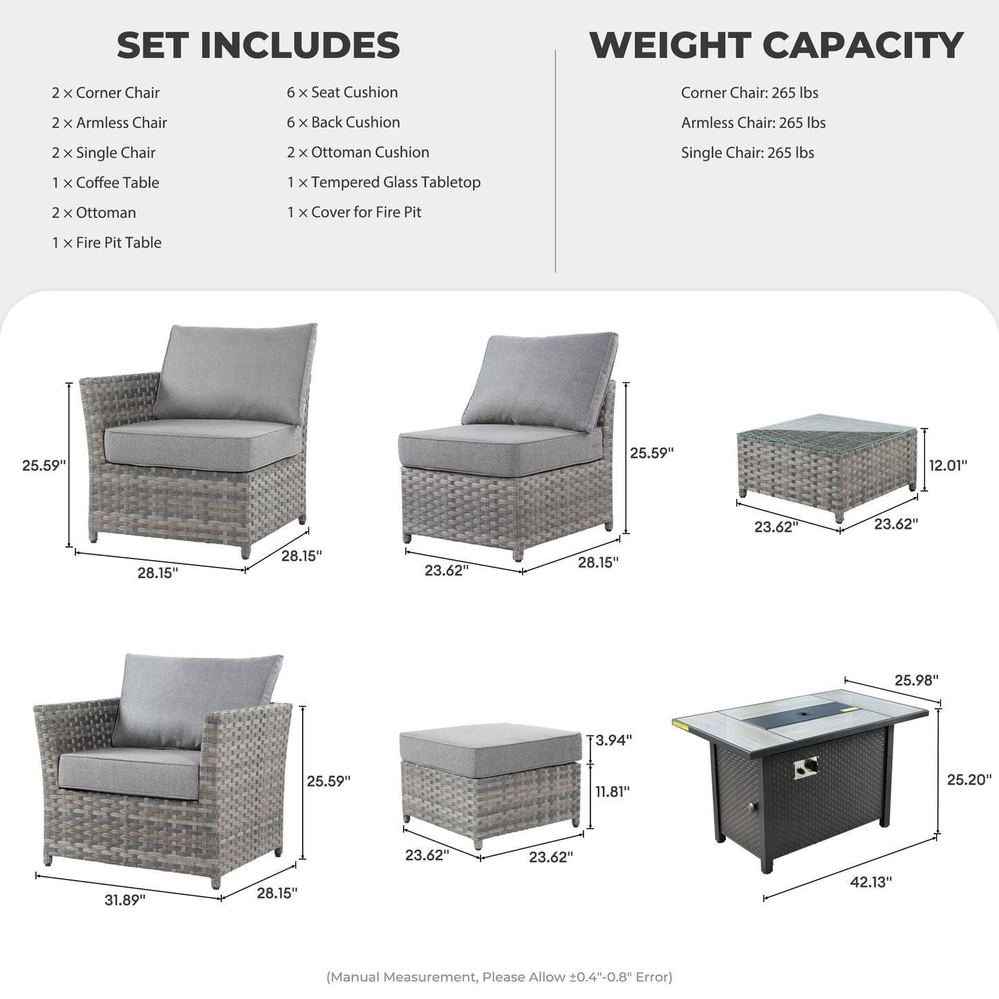 OVIOS Patio Furniture Set 10-Piece include 42"Fire Pit Table,New Rimaru Series