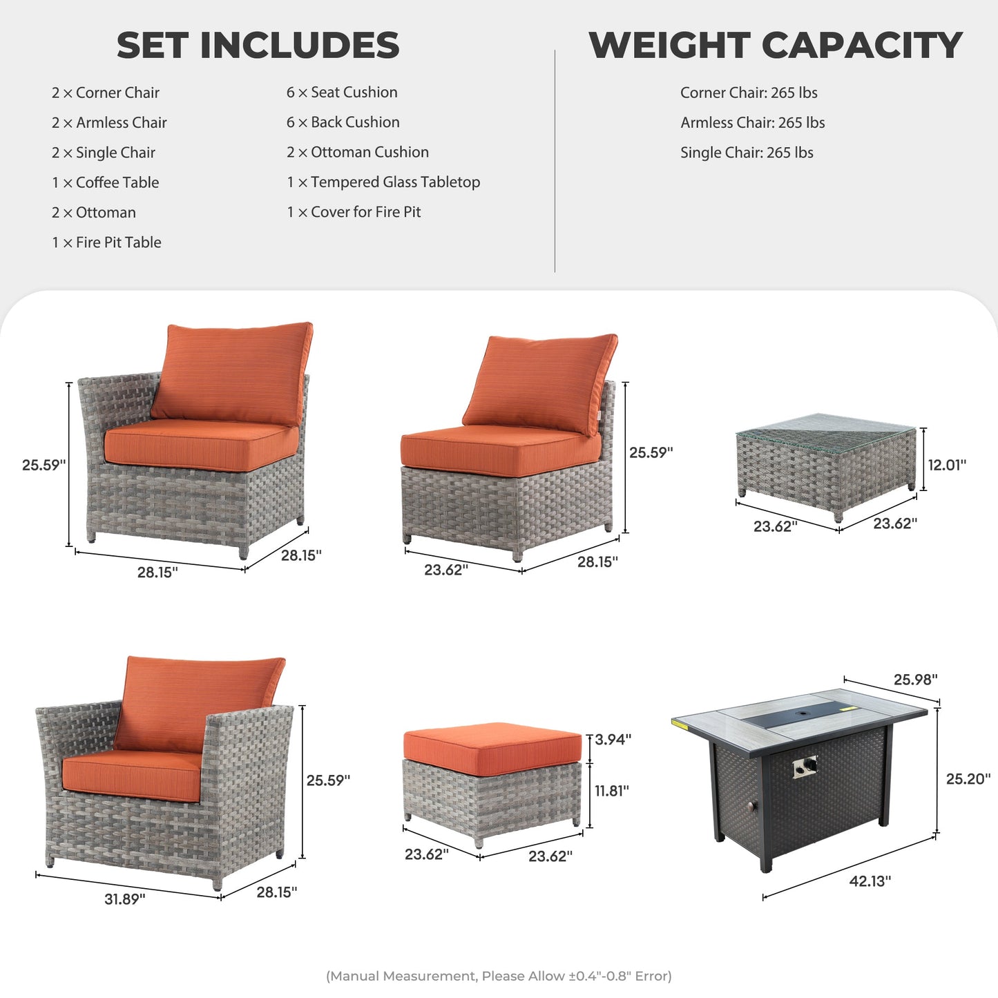 OVIOS Patio Furniture Set 10-Piece include 42"Fire Pit Table,New Rimaru Series