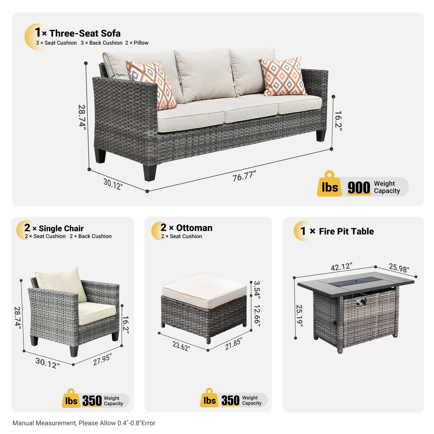 OVIOS Patio Conversation Set 6-Piece with Rectangle 42'' Fire Pit Table and Vultros Set