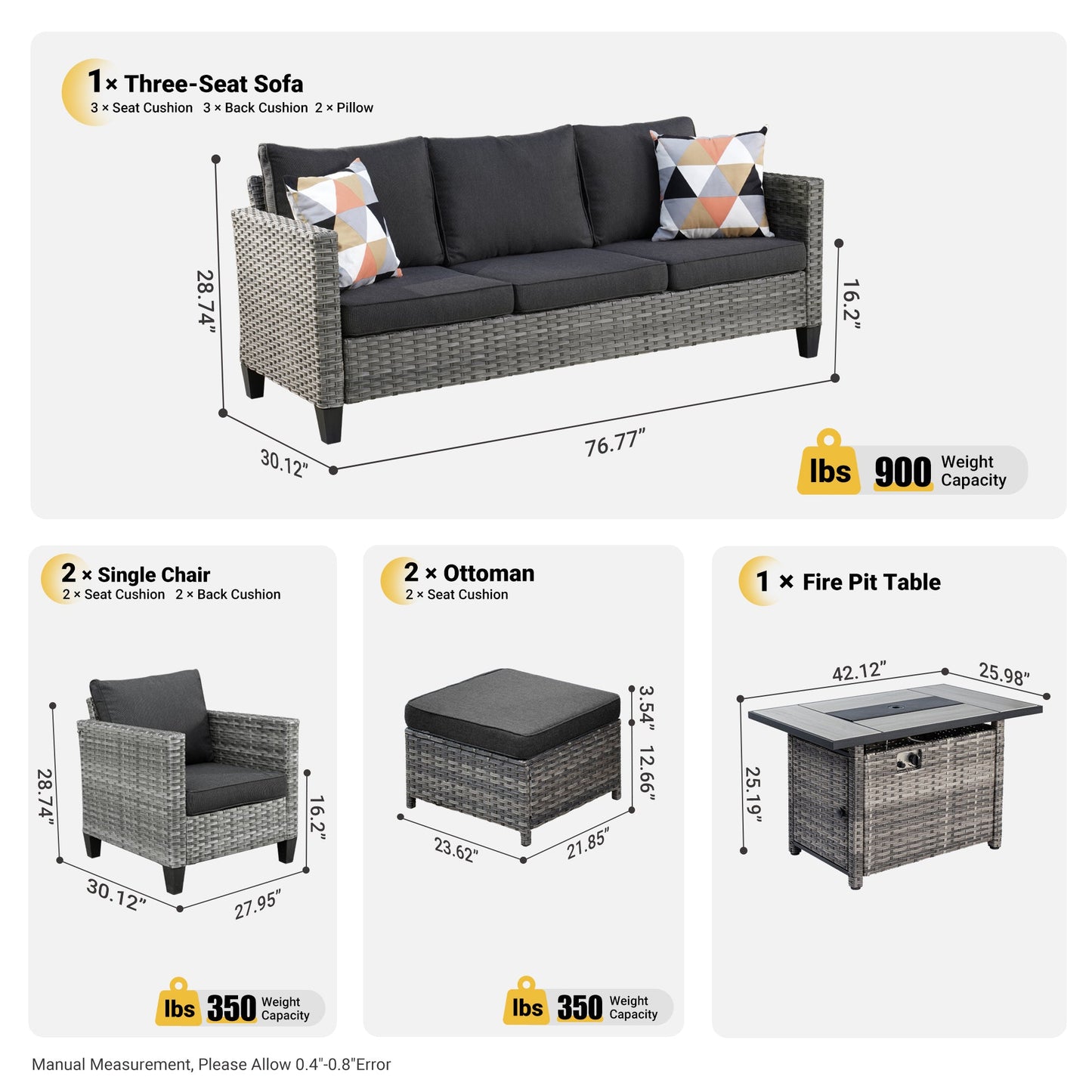 OVIOS Patio Conversation Set 6-Piece with Rectangle 42'' Fire Pit Table and Vultros Set