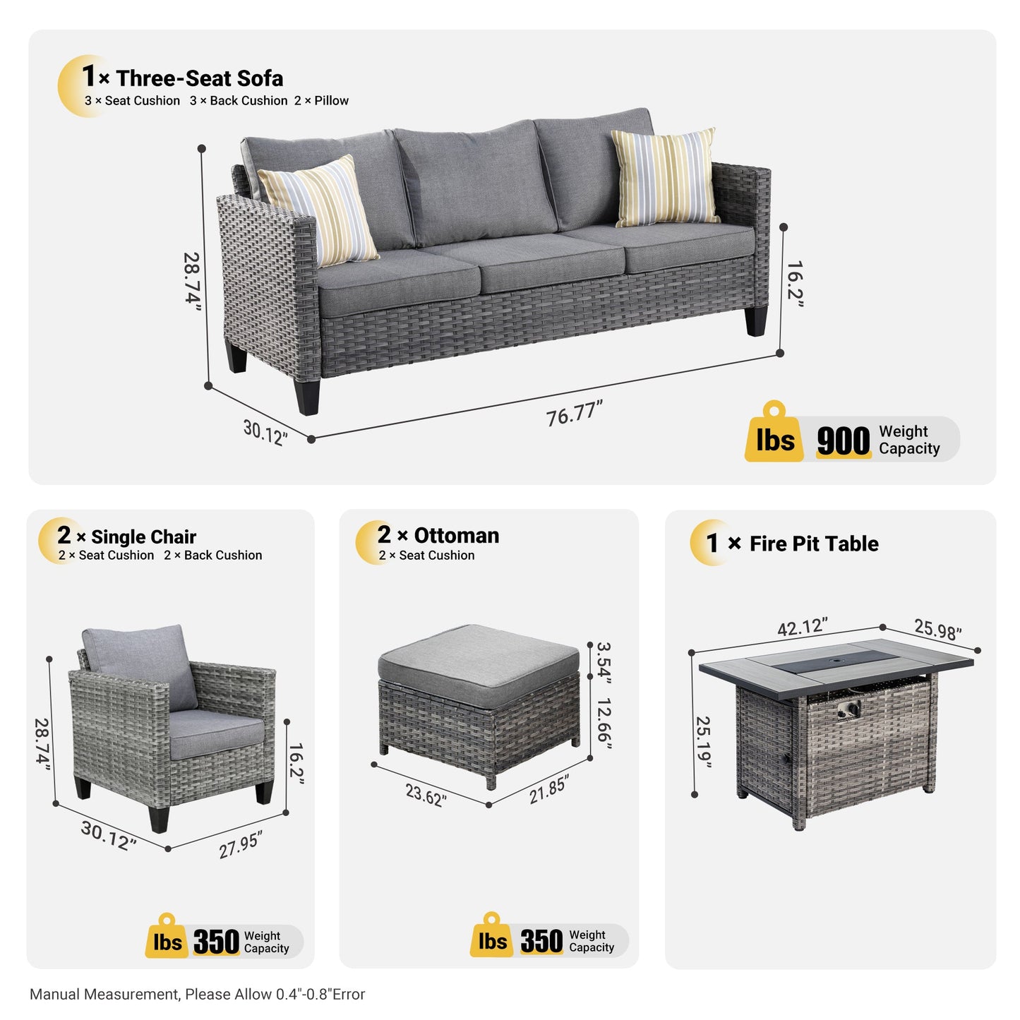 OVIOS Patio Conversation Set 6-Piece with Rectangle 42'' Fire Pit Table and Vultros Set