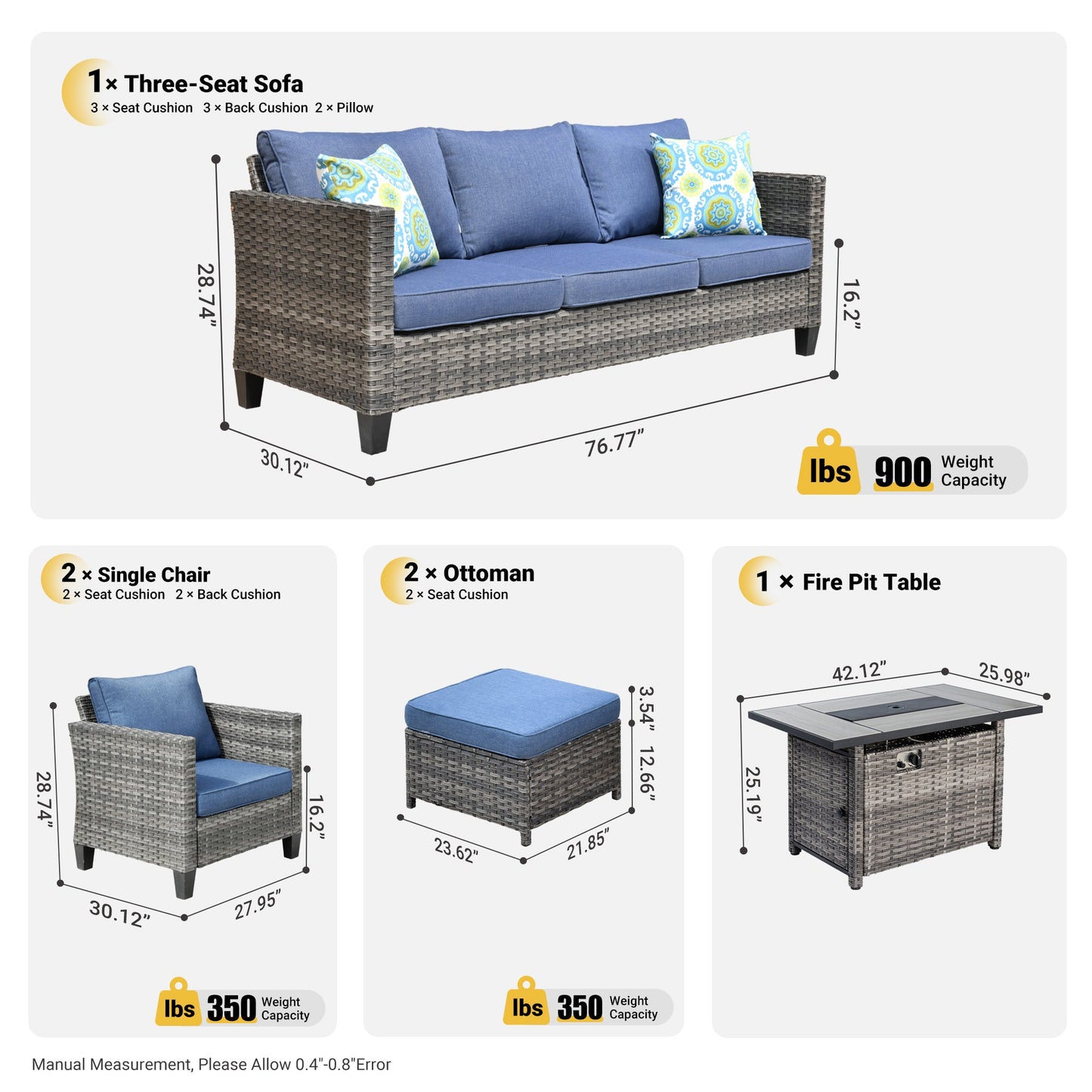 OVIOS Patio Conversation Set 6-Piece with Rectangle 42'' Fire Pit Table and Vultros Set
