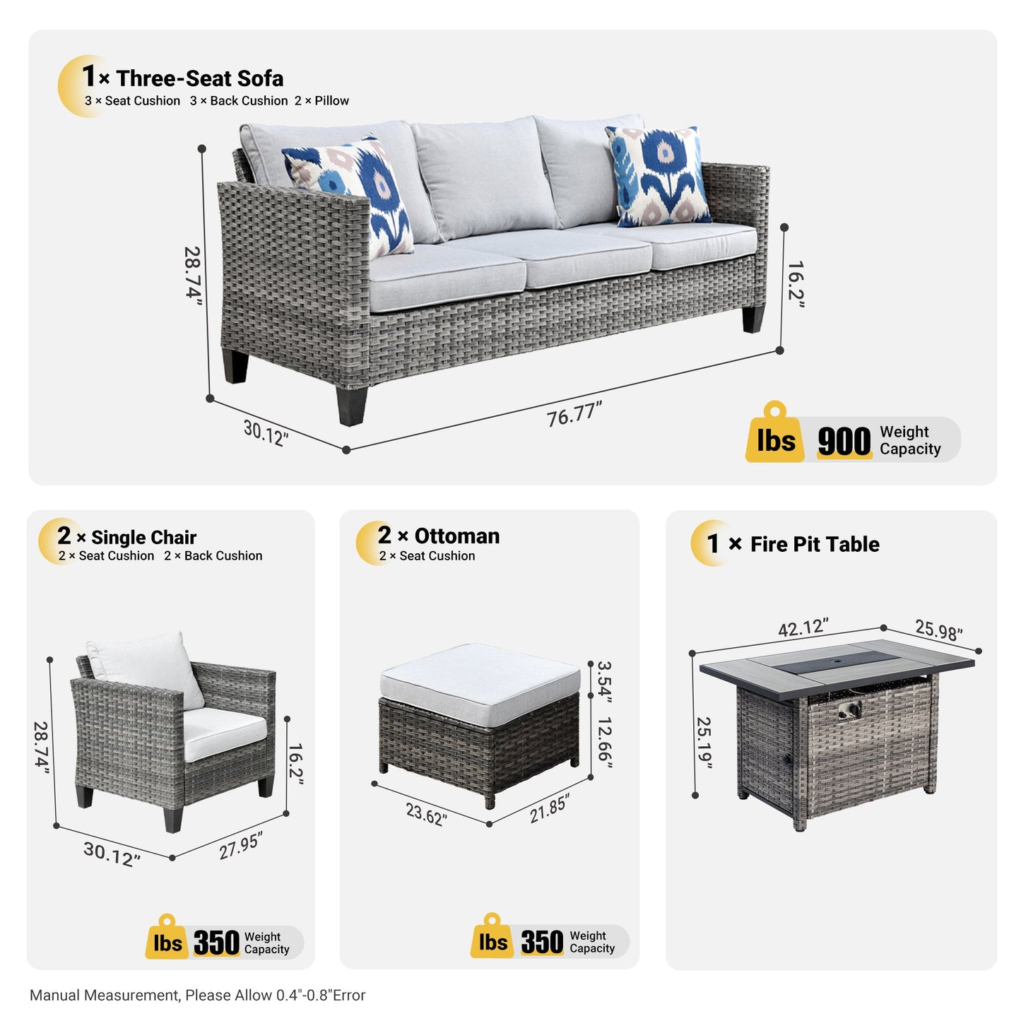 OVIOS Patio Conversation Set 6-Piece with Rectangle 42'' Fire Pit Table and Vultros Set