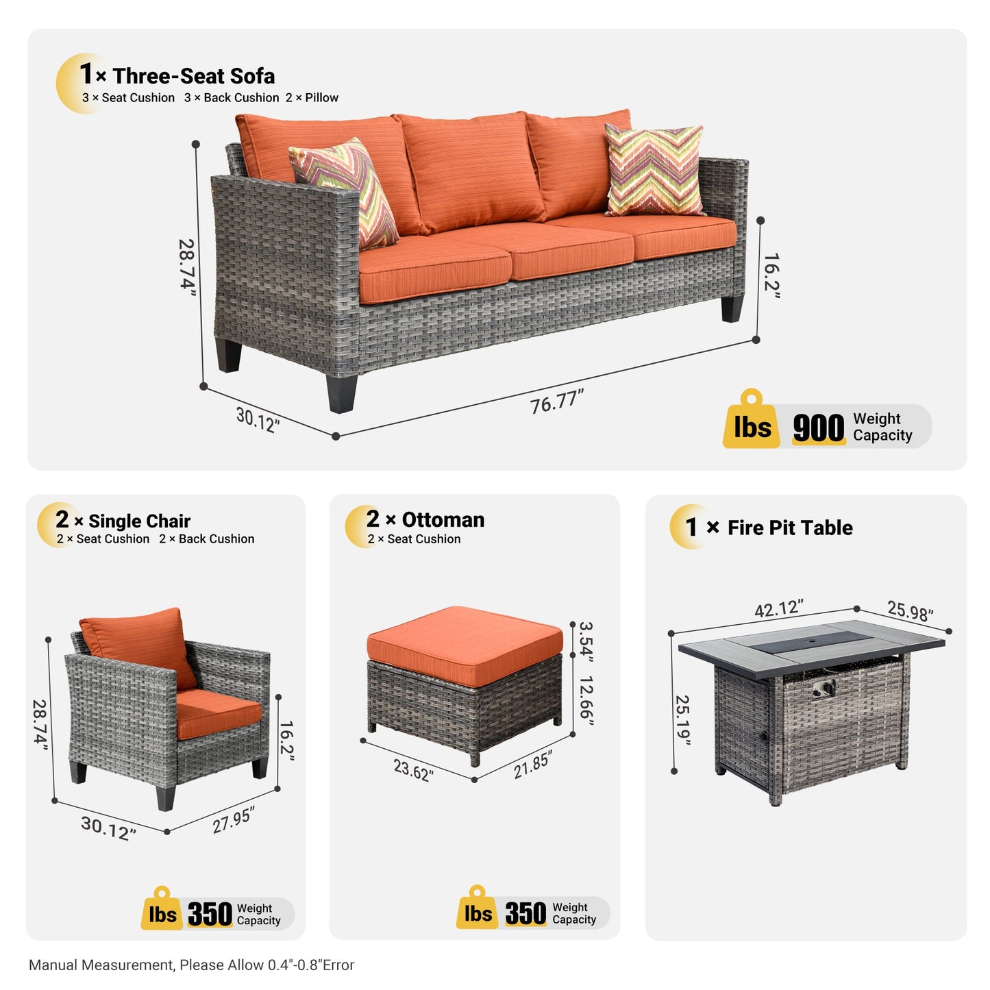 OVIOS Patio Conversation Set 6-Piece with Rectangle 42'' Fire Pit Table and Vultros Set