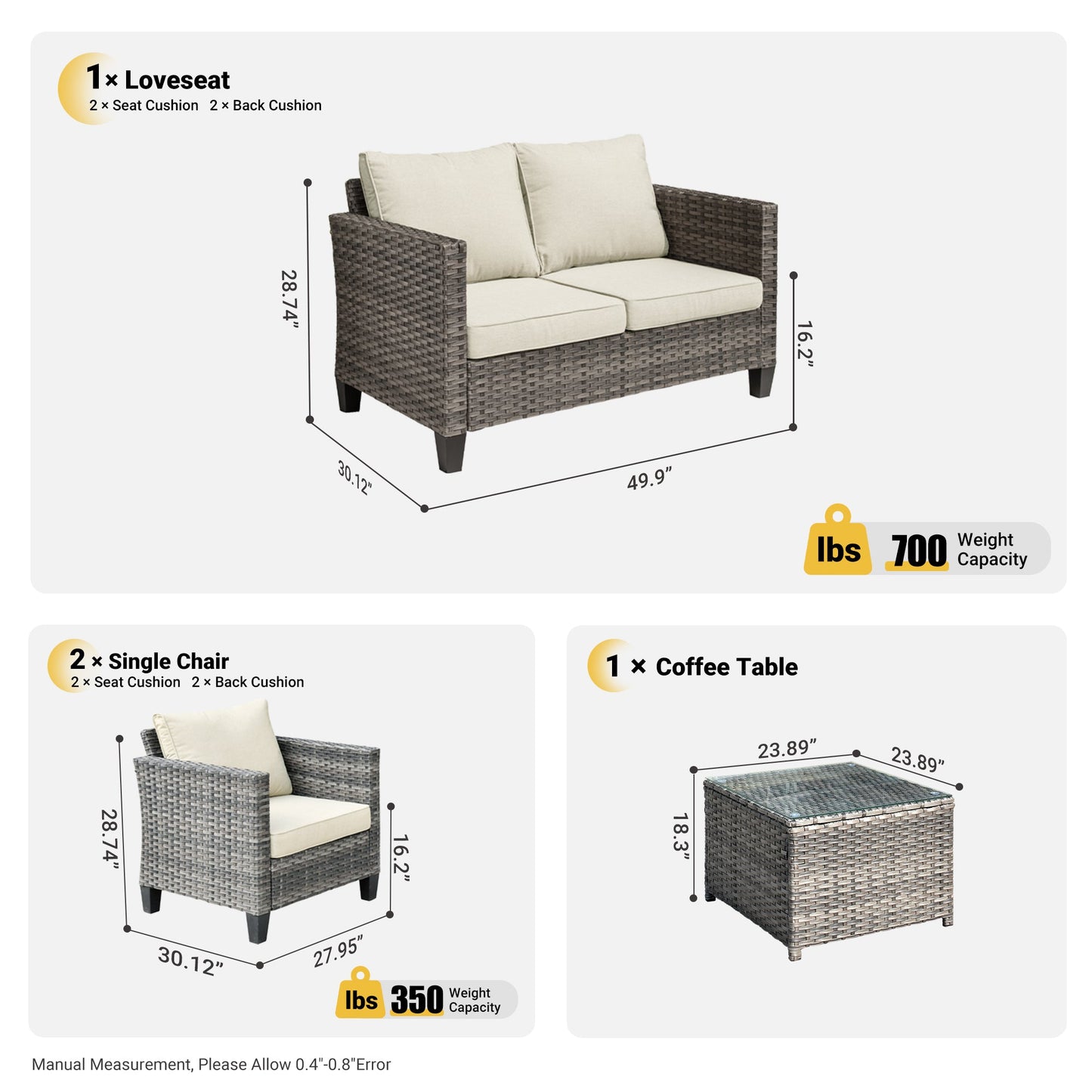 OVIOS Patio Furniture Set New Vultros 4 Piece High Back Sectional Sofa with Cushions