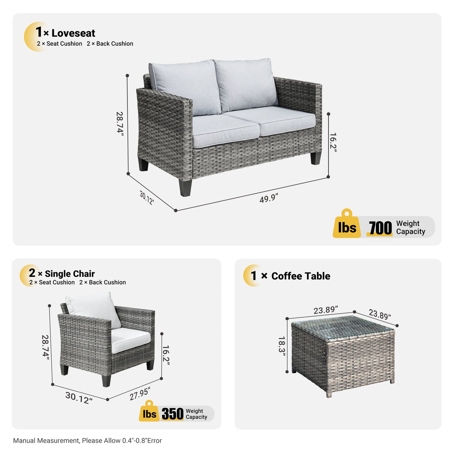 OVIOS Patio Furniture Set New Vultros 4 Piece High Back Sectional Sofa with Cushions