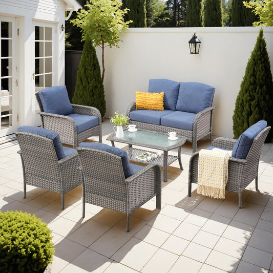Ovios 6-Piece Wicker Patio Furniture Set, All-Weather Rattan Conversation Bistro Loveseat Chair and Table Set for Backyard