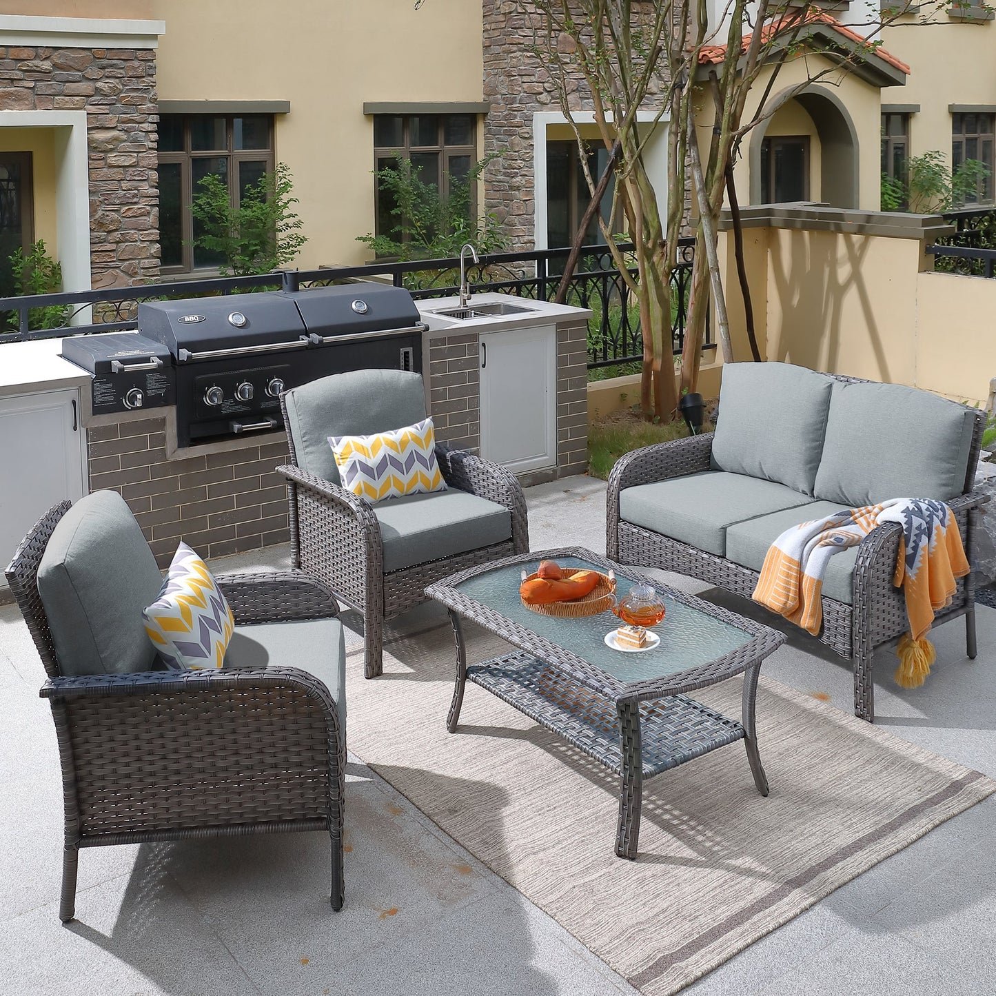 Ovios Patio Furniture Set New August 4 Piece High Back All Weather PE Wicker