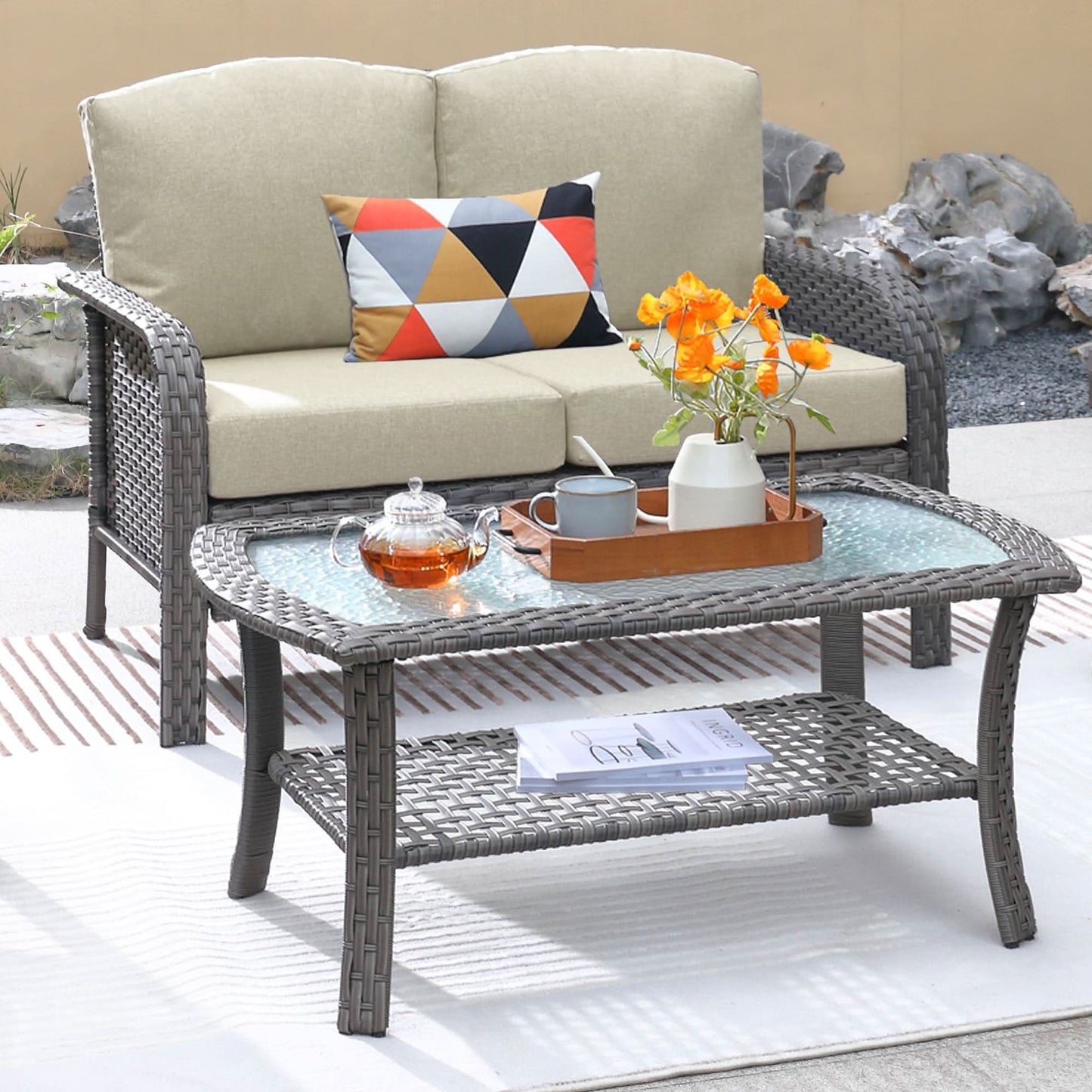 Ovios Patio Furniture Set New August 4 Piece High Back All Weather PE Wicker
