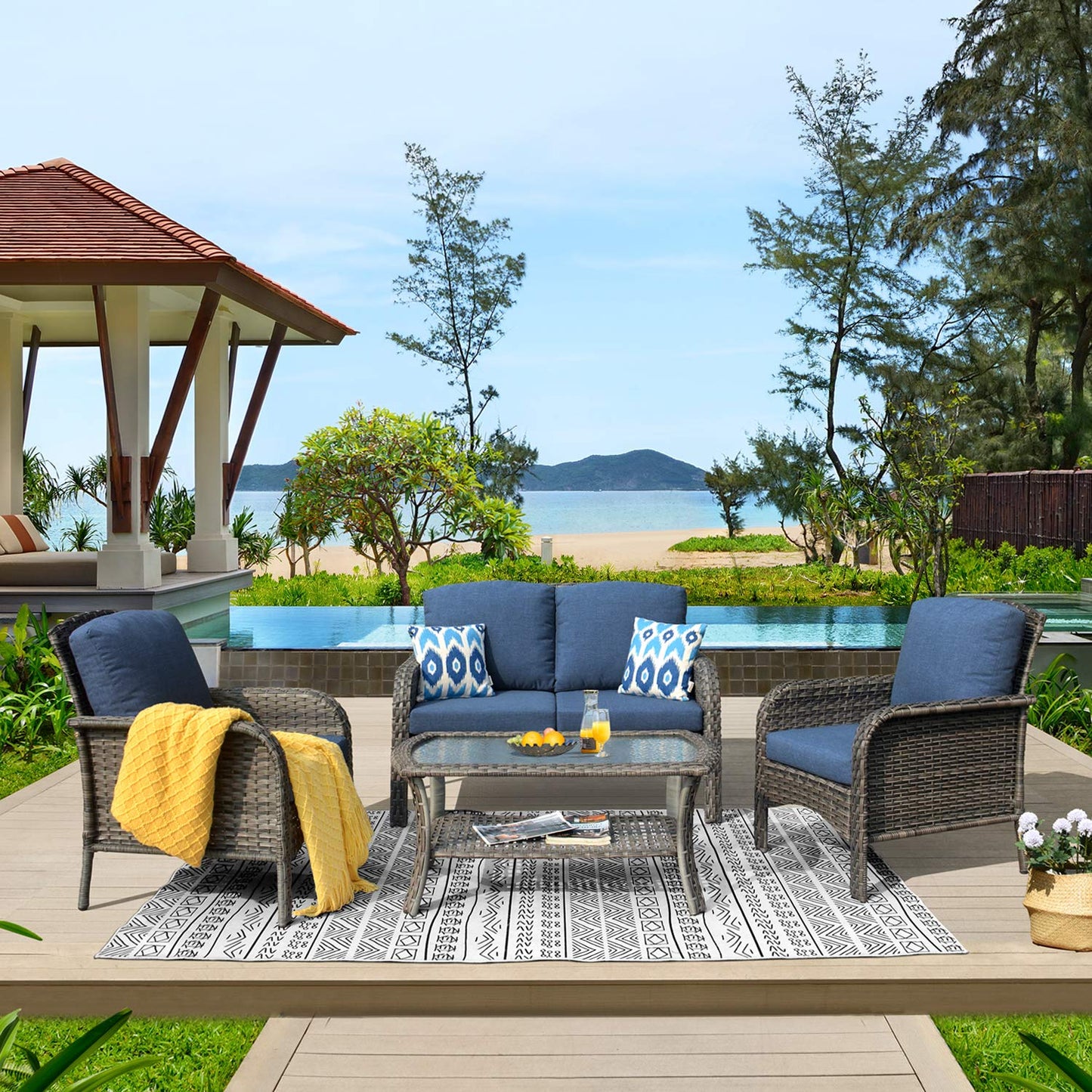 Ovios Patio Furniture Set New August 4 Piece High Back All Weather PE Wicker