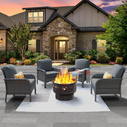 OVIOS 5 Pieces Patio Furniture Set with Fire Pit, Outdoor Wicker Chairs of 4