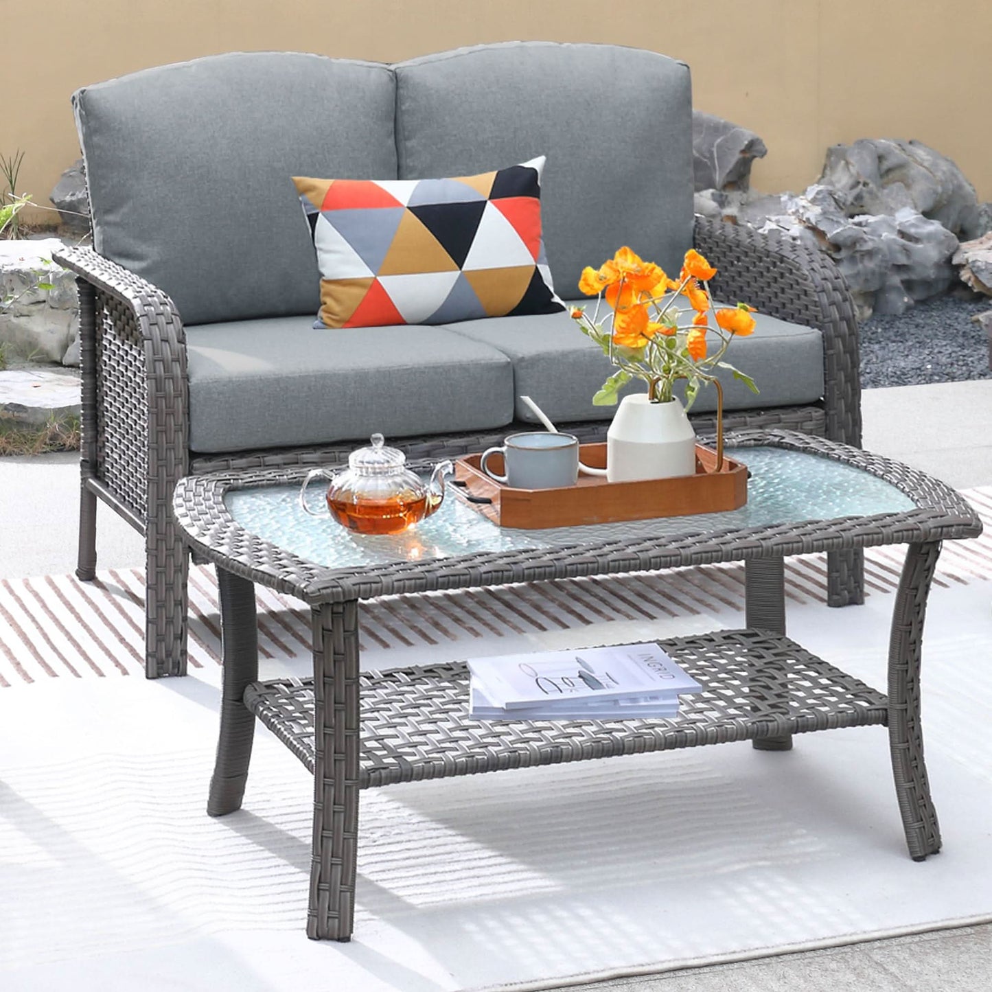 Ovios Patio Furniture Set New August 4 Piece High Back All Weather PE Wicker