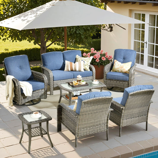 OVIOS 7 Pieces Patio Furniture Set, Outdoor Wicker Sofa with Swivel Chairs, Coffee Table