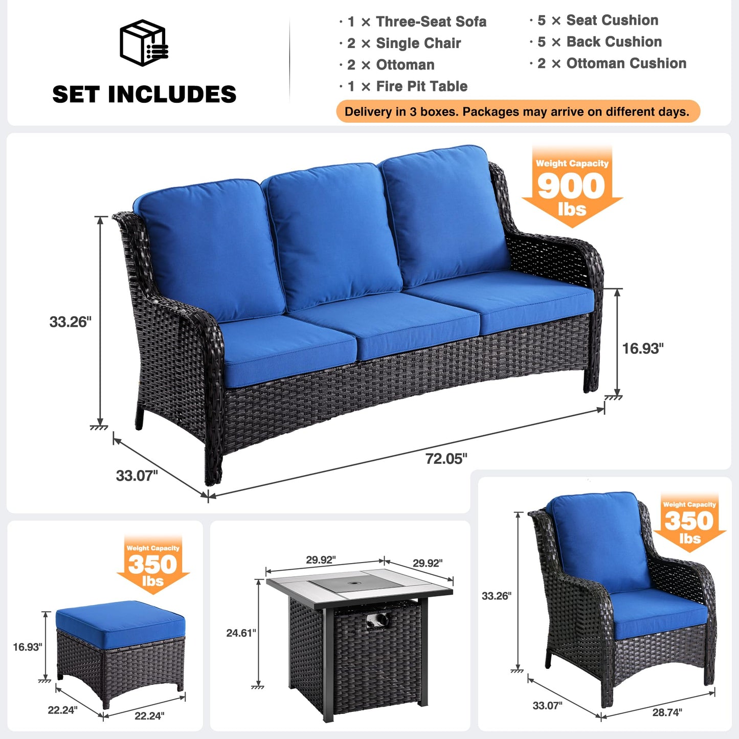 Ovios Patio Conversation Set 6-Piece with 30' Fire Pit Table and Kenard Set