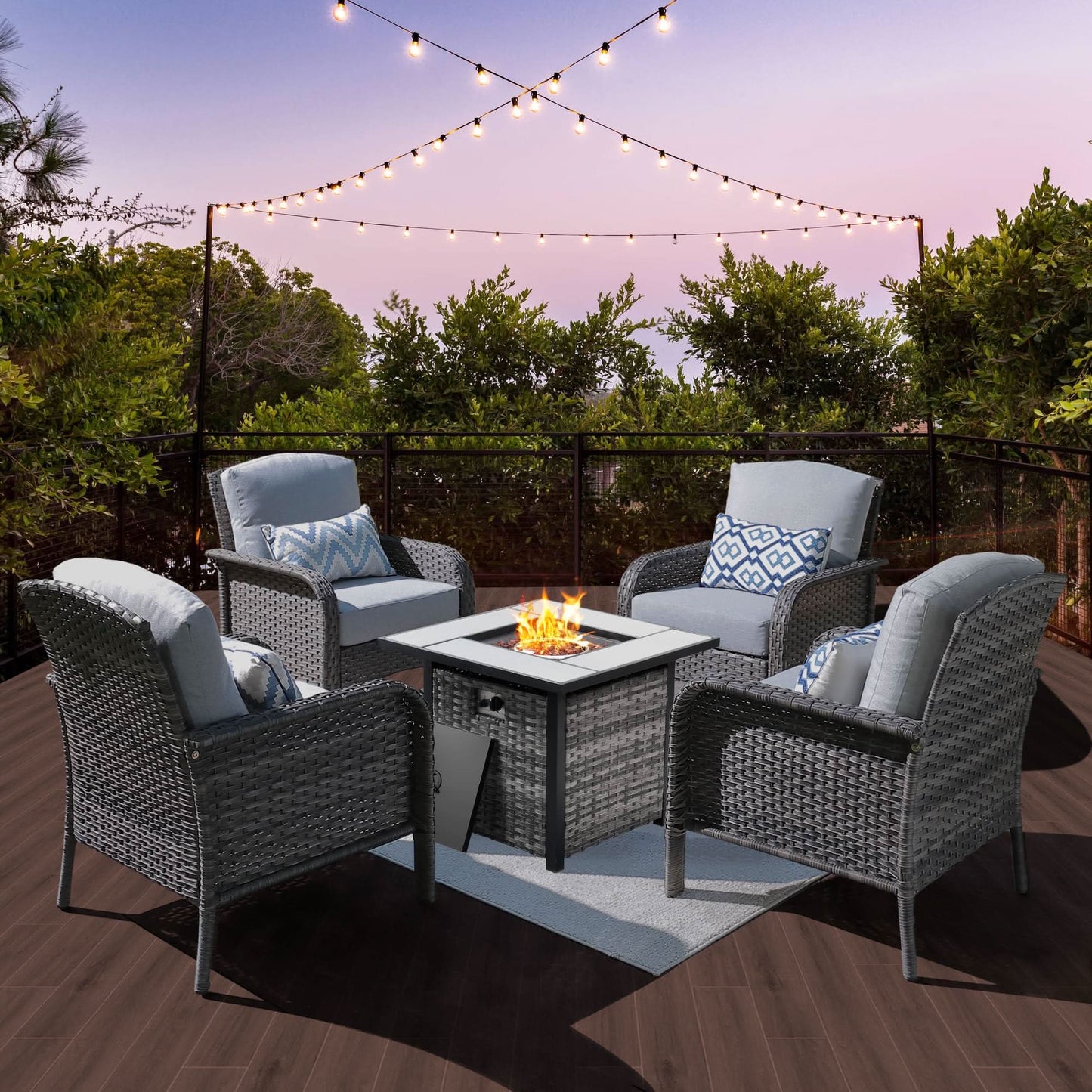 OVIOS 5-Piece Patio Set with Fire Pit Table,All Weather Grey Wicker Chairs & Cushions