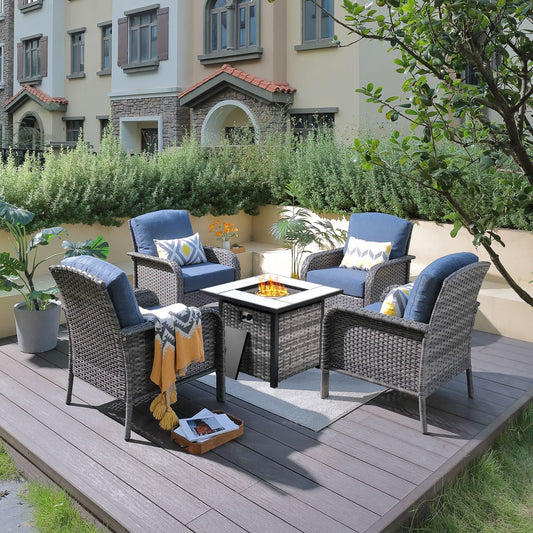 OVIOS 5-Piece Patio Set with Fire Pit Table,All Weather Grey Wicker Chairs & Cushions