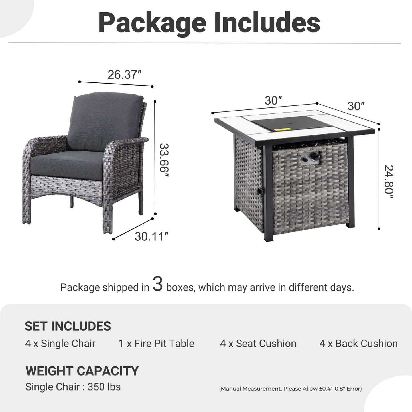 OVIOS 5-Piece Patio Set with Fire Pit Table,All Weather Grey Wicker Chairs & Cushions