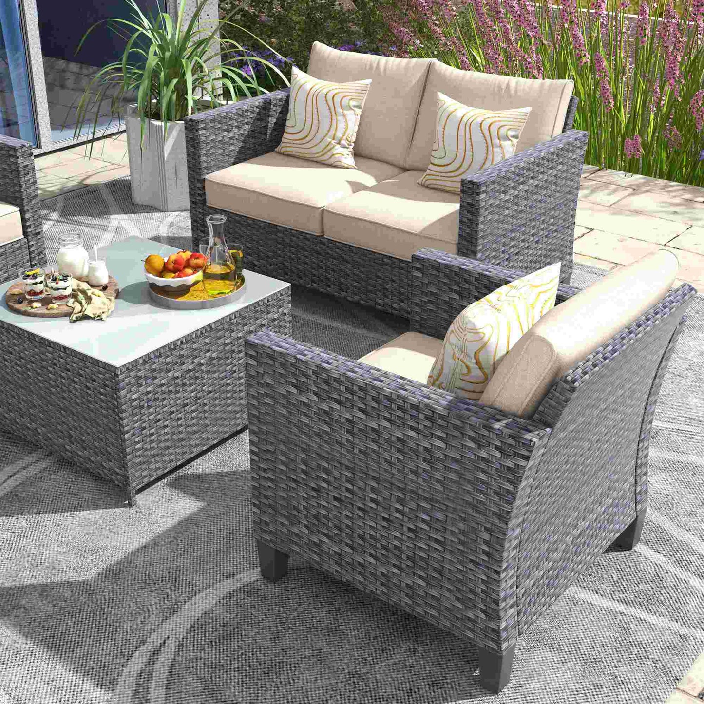 OVIOS Patio Furniture Set New Vultros 4 Piece High Back Sectional Sofa with Cushions