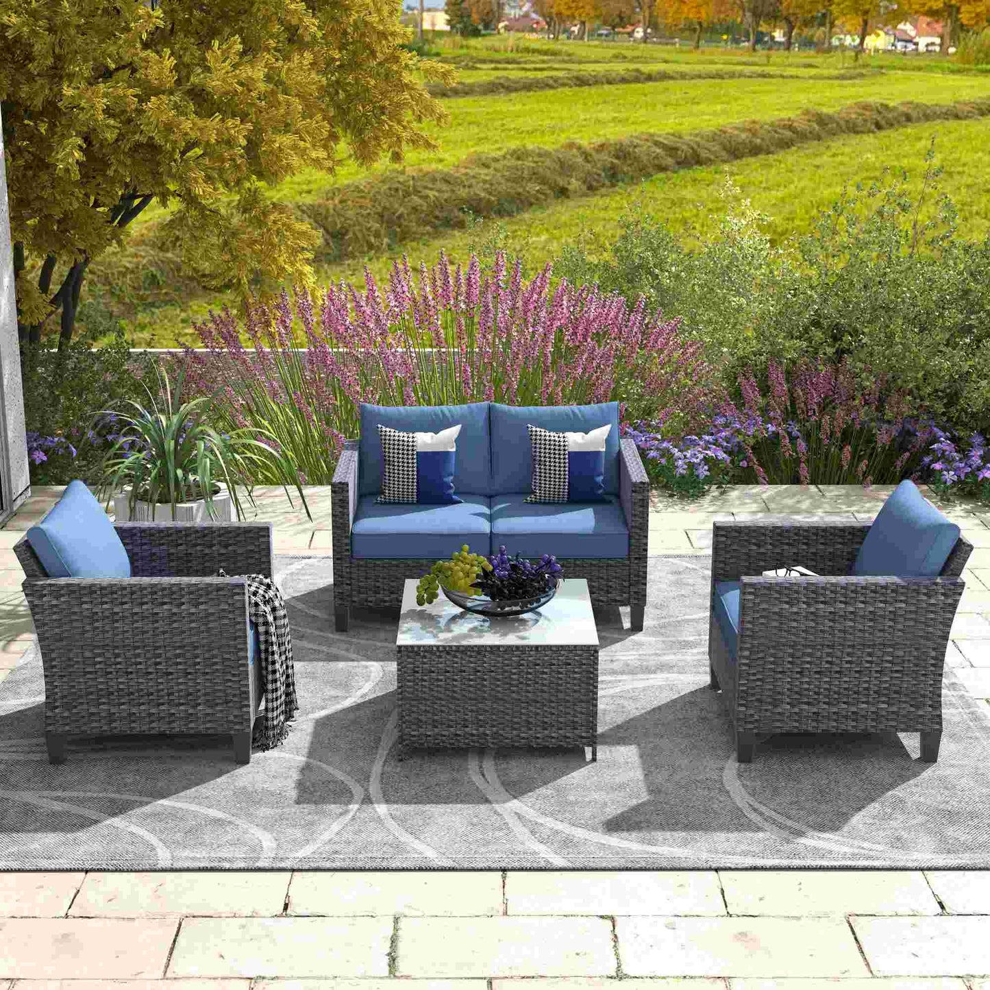 OVIOS Patio Furniture Set New Vultros 4 Piece High Back Sectional Sofa with Cushions