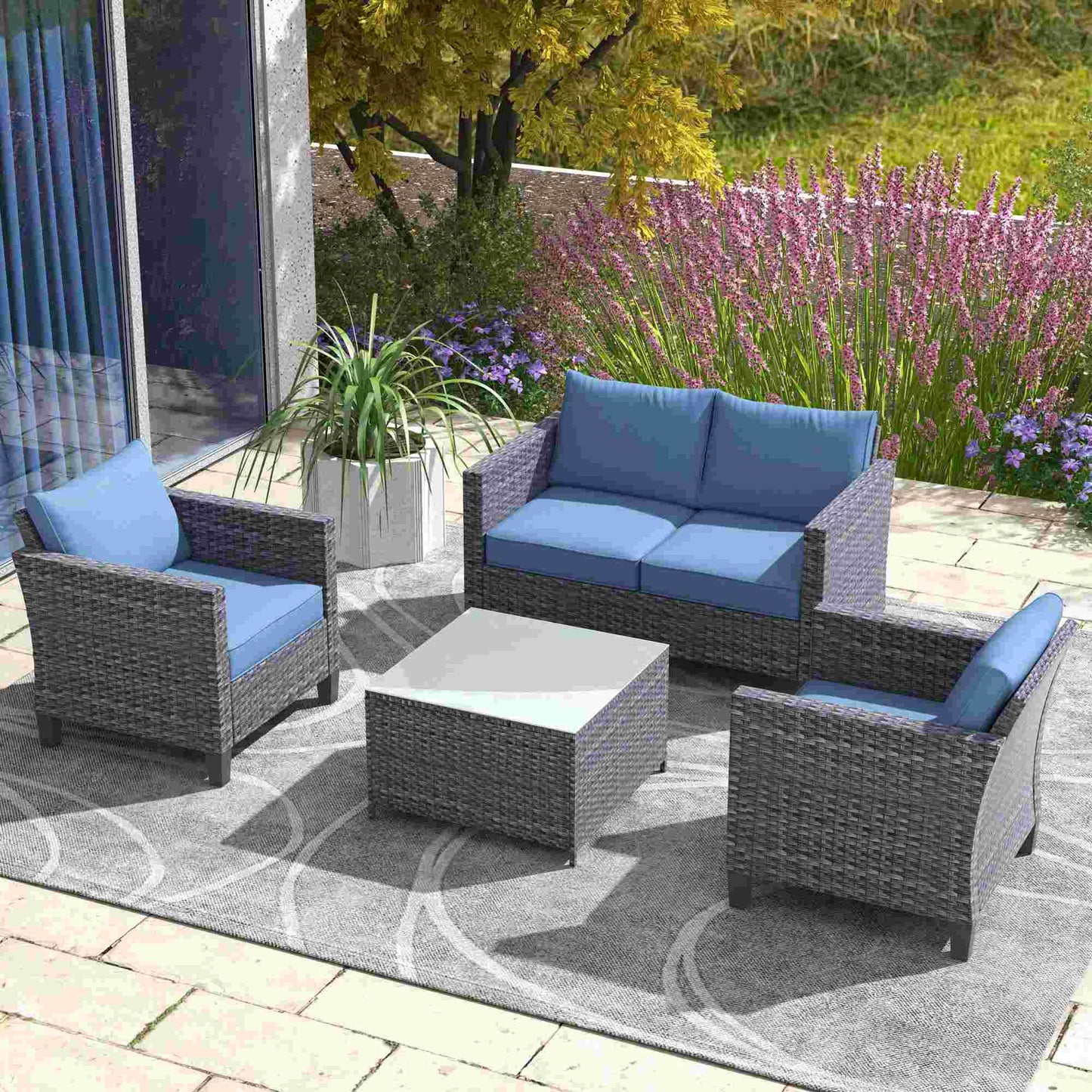 OVIOS Patio Furniture Set New Vultros 4 Piece High Back Sectional Sofa with Cushions