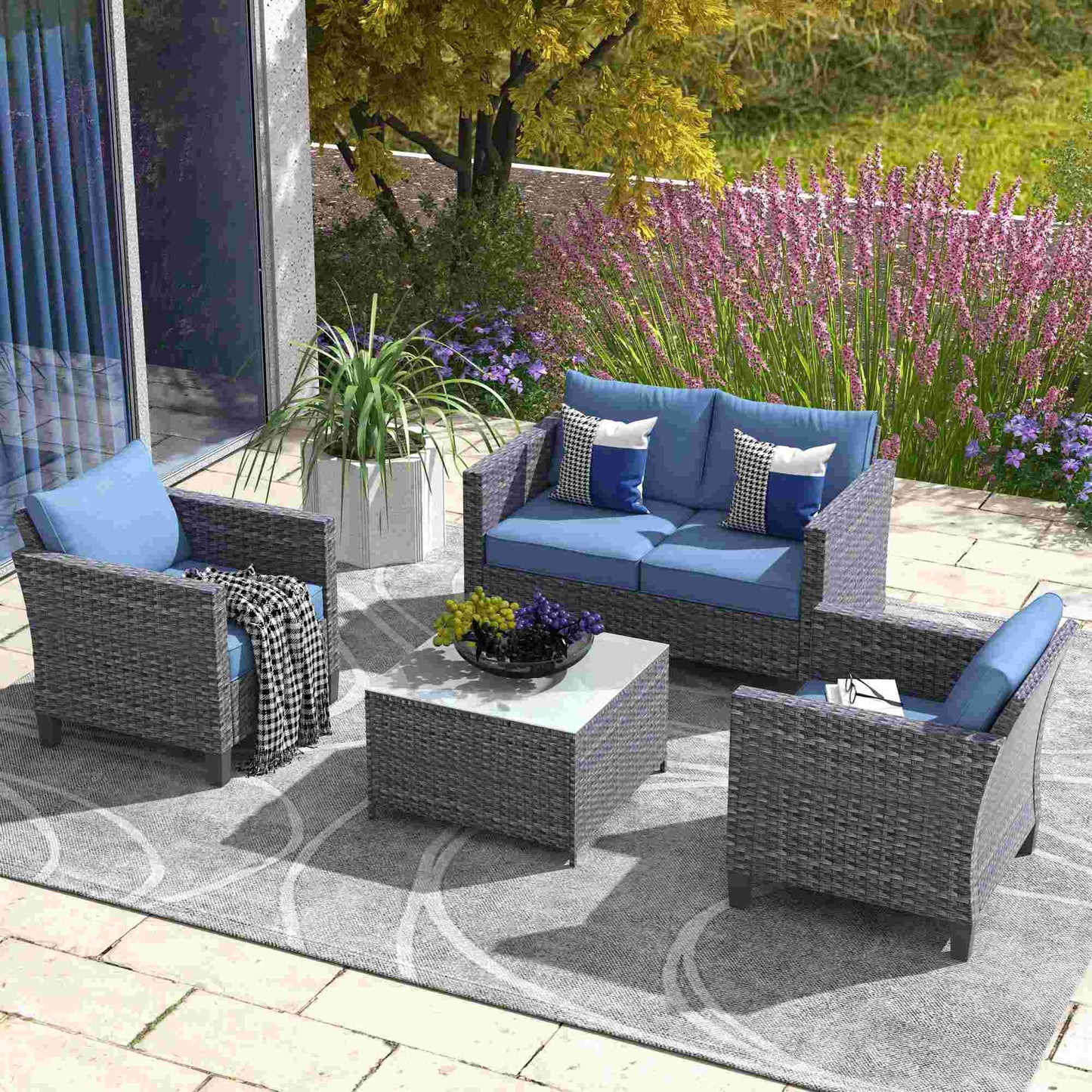 OVIOS Patio Furniture Set New Vultros 4 Piece High Back Sectional Sofa with Cushions