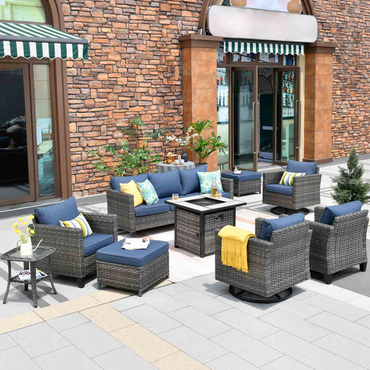 OVIOS Patio Vultros 9-Piece Set with 2 Swivel Chairs and 30'' Propane Fire Pit Table