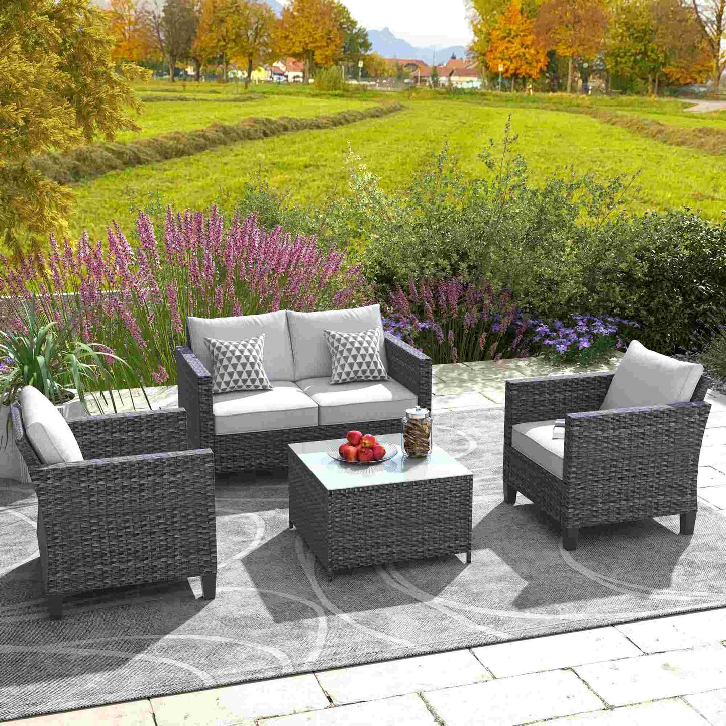 OVIOS Patio Furniture Set New Vultros 4 Piece High Back Sectional Sofa with Cushions