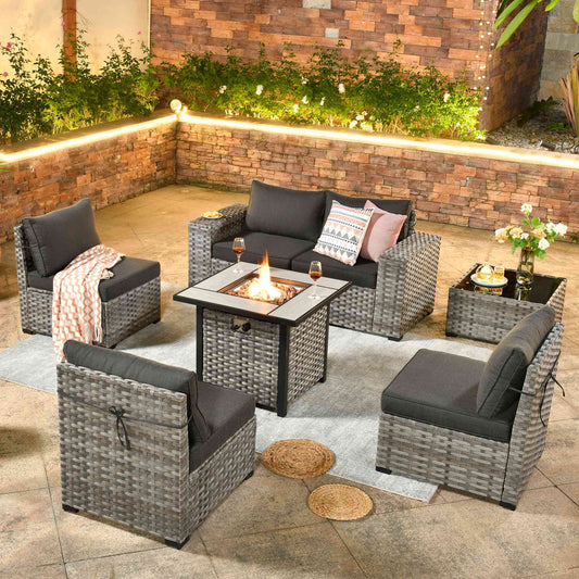 OVIOS 7 Pieces Patio Furniture Set with 7.68'' Broad Handrails and 30'' Fire Pit Table