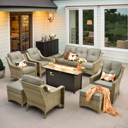 Ovios Outdoor 8 Pieces Coversation Set with 54" Fire Pit Table
