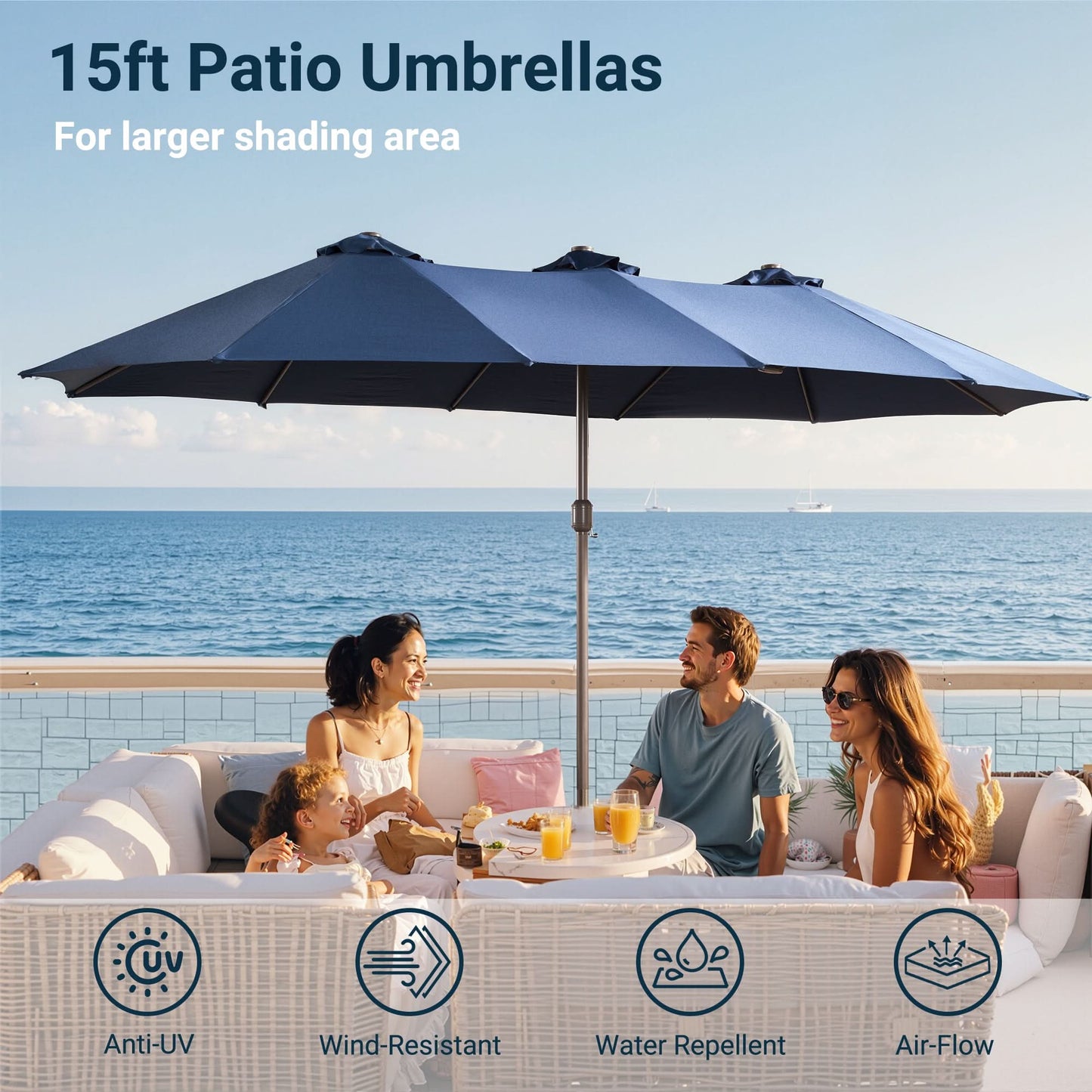 OVIOS 15ft Solar Patio Umbrella with APP/Remote Control, RGB LED Lights & Heavy Base