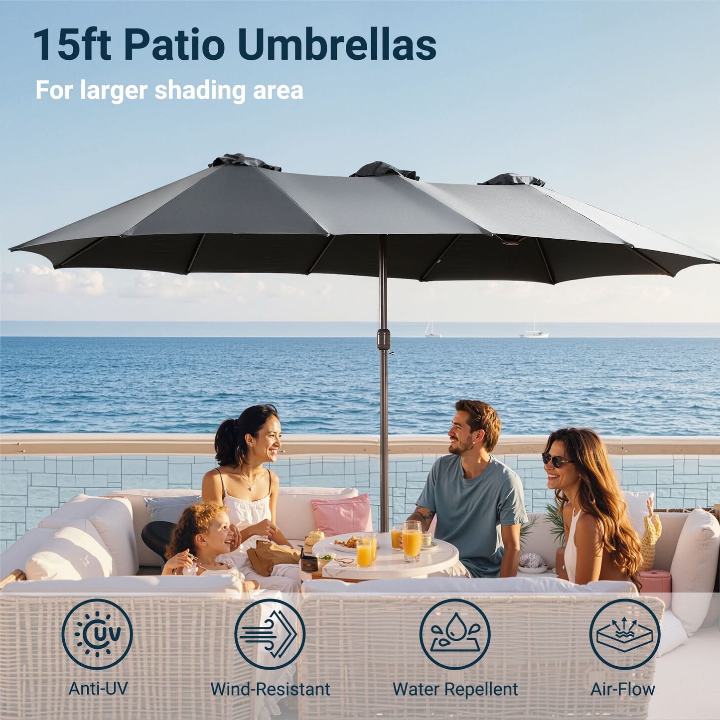 OVIOS 15ft Solar Patio Umbrella with APP/Remote Control, RGB LED Lights & Heavy Base