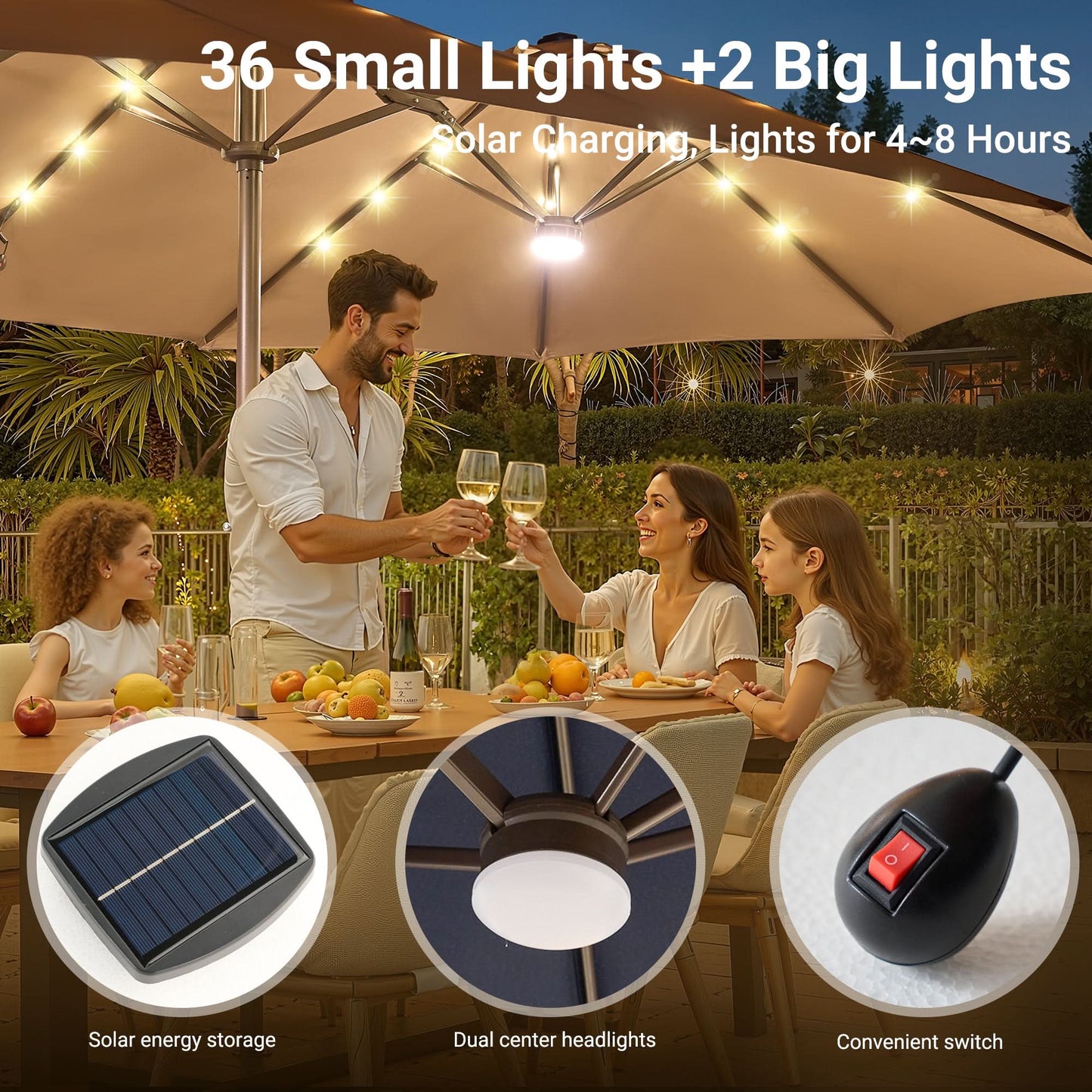 OVIOS 15ft Solar Patio Umbrella with APP/Remote Control, RGB LED Lights & Heavy Base