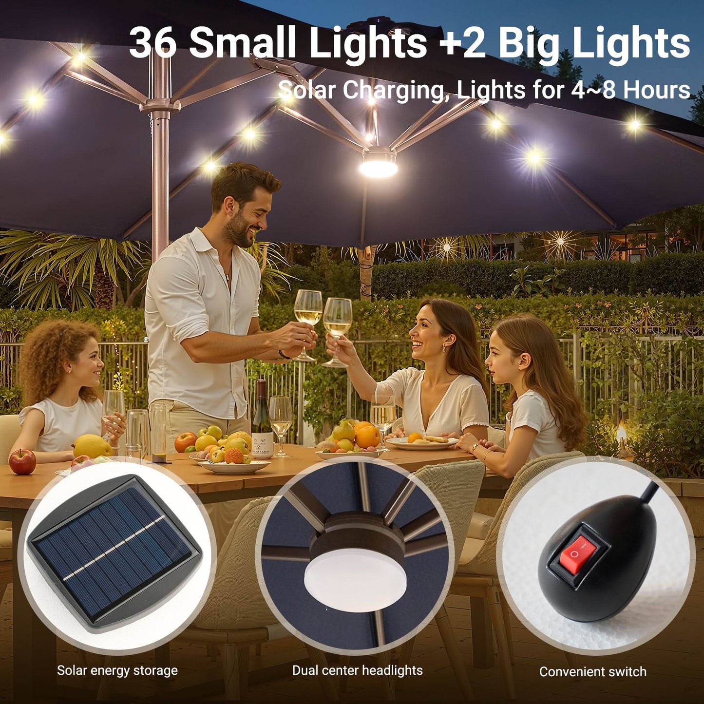 OVIOS 15ft Solar Patio Umbrella with APP/Remote Control, RGB LED Lights & Heavy Base
