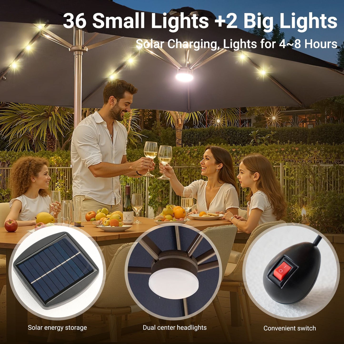 OVIOS 15ft Solar Patio Umbrella with APP/Remote Control, RGB LED Lights & Heavy Base