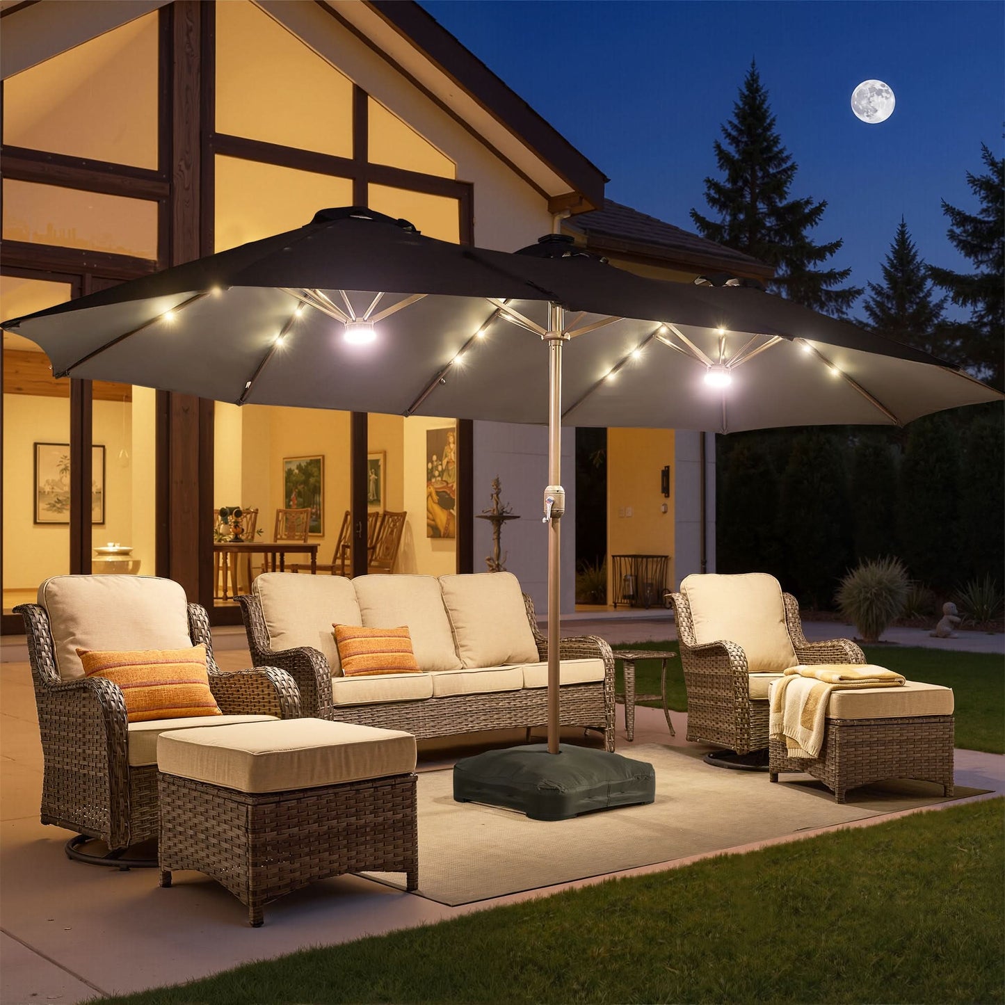 OVIOS 15ft Solar Patio Umbrella with APP/Remote Control, RGB LED Lights & Heavy Base