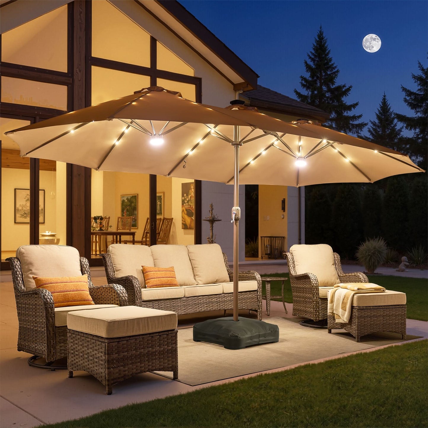 OVIOS 15ft Solar Patio Umbrella with APP/Remote Control, RGB LED Lights & Heavy Base