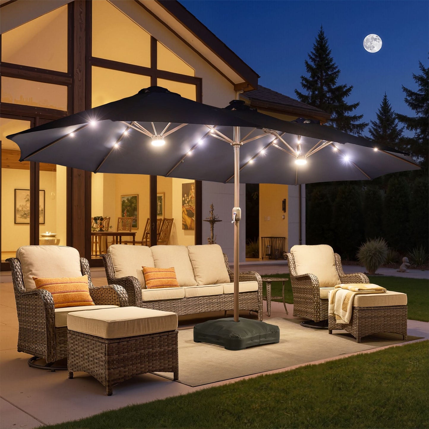 OVIOS 15ft Solar Patio Umbrella with APP/Remote Control, RGB LED Lights & Heavy Base
