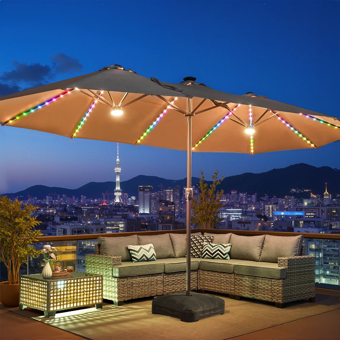 OVIOS 15ft Solar Patio Umbrella with APP/Remote Control, RGB LED Lights & Heavy Base