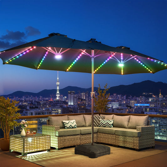 OVIOS 15ft Solar Patio Umbrella with APP/Remote Control, RGB LED Lights & Heavy Base
