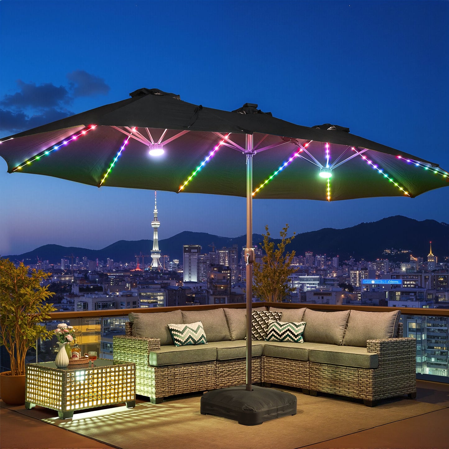 OVIOS 15ft Solar Patio Umbrella with APP/Remote Control, RGB LED Lights & Heavy Base