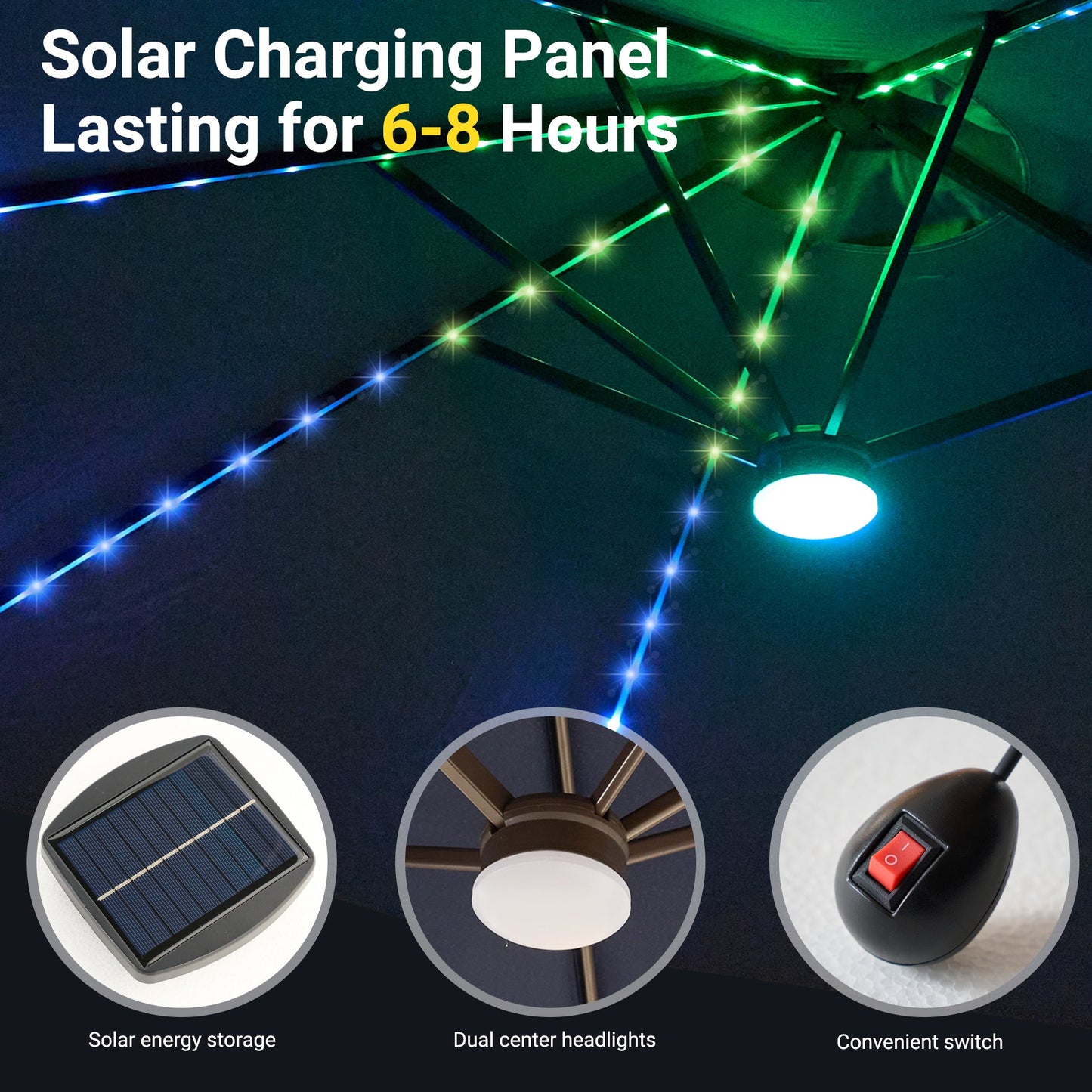 OVIOS 15ft Solar Patio Umbrella with APP/Remote Control, RGB LED Lights & Heavy Base