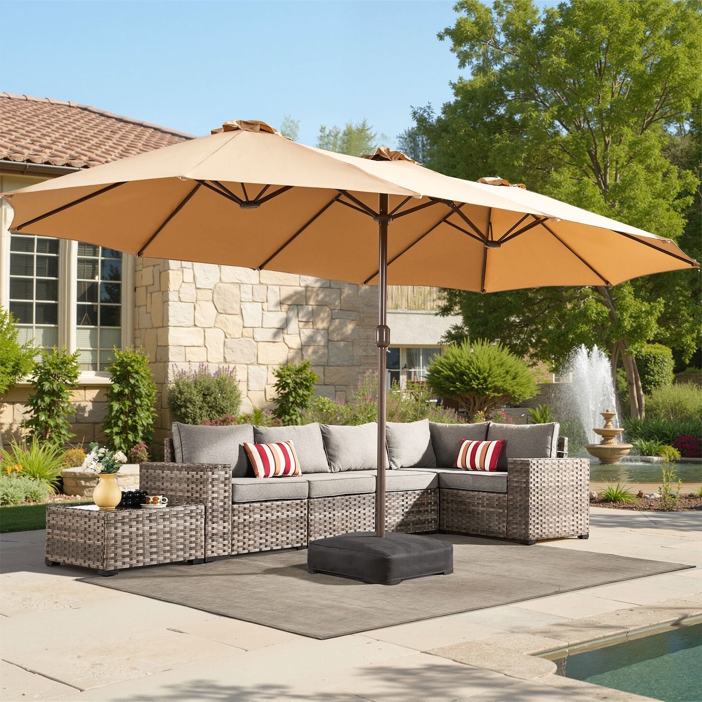 OVIOS 15ft Solar Patio Umbrella with APP/Remote Control, RGB LED Lights & Heavy Base